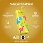 Stainless steel leak-proof kids water bottle with dinosaur design, 400ml capacity, by ION8, perfect for little hands.