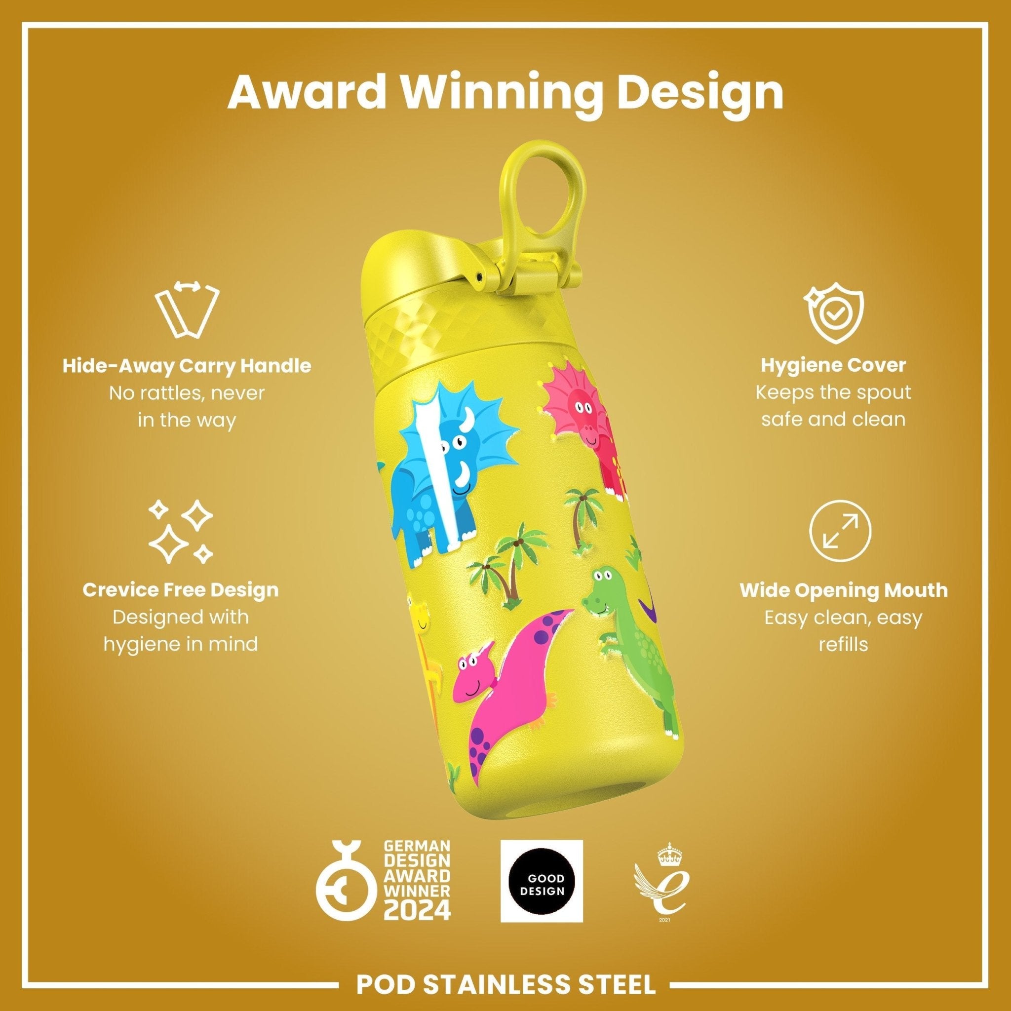 Stainless steel leak-proof kids water bottle with dinosaur design, 400ml capacity, by ION8, perfect for little hands.