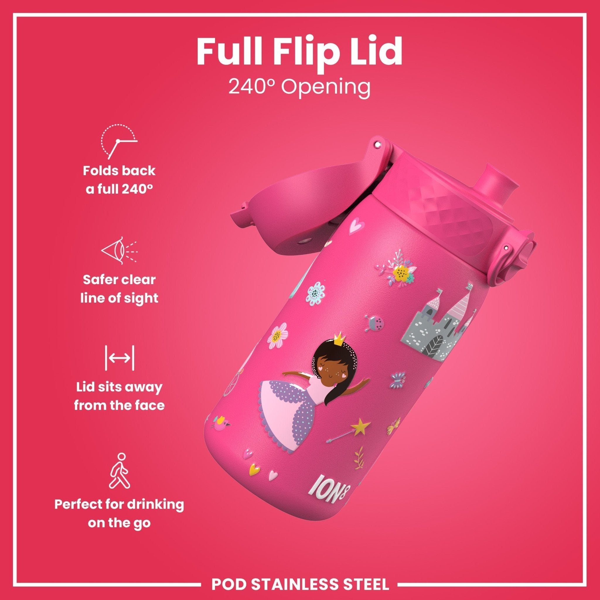 ION8 insulated steel water bottle with princess design, leak-proof thermal bottle, 320ml capacity, ideal for hot or cold drinks.