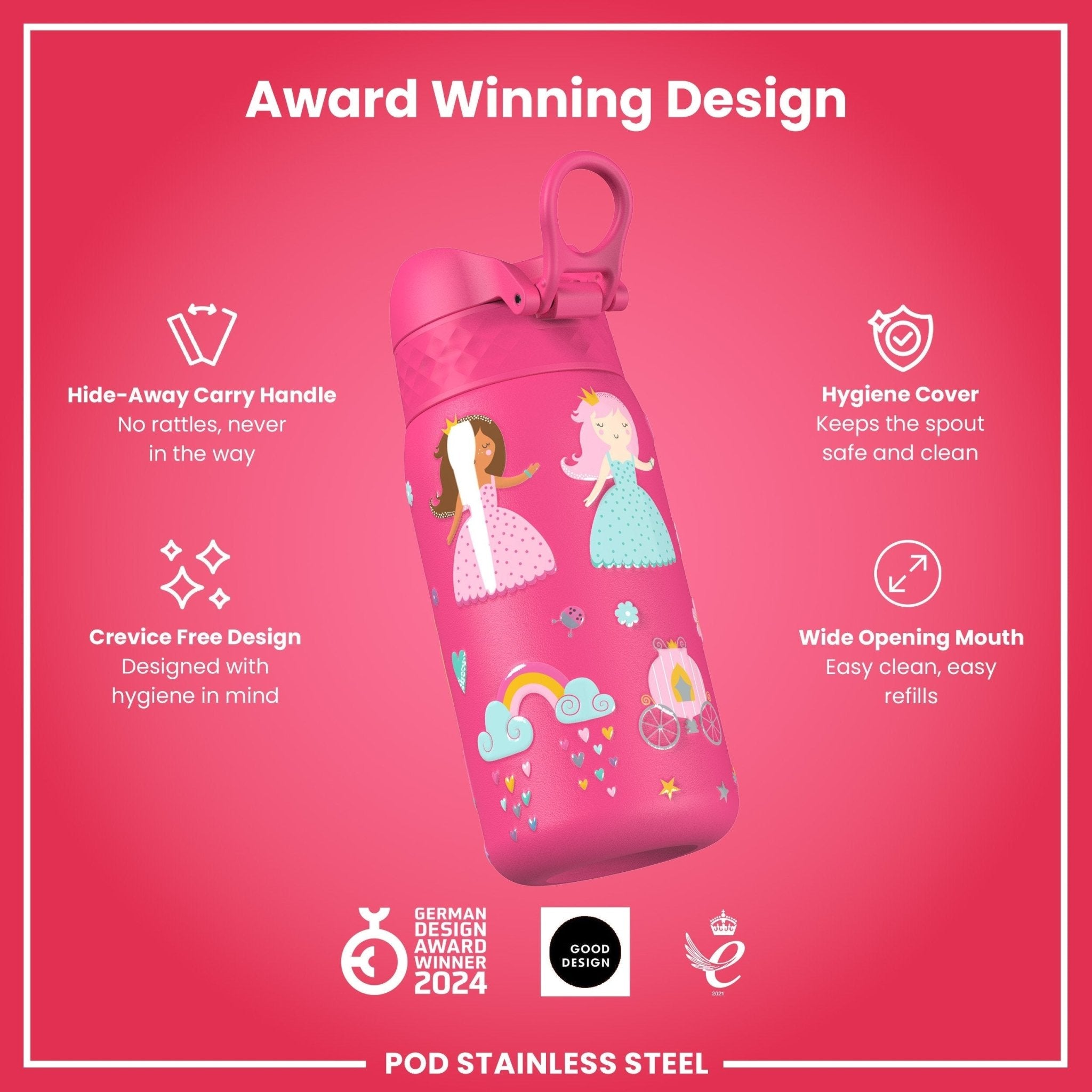 Ion8 leak-proof thermal steel water bottle with princess design, insulated 320ml (11oz) for hot and cold beverages.