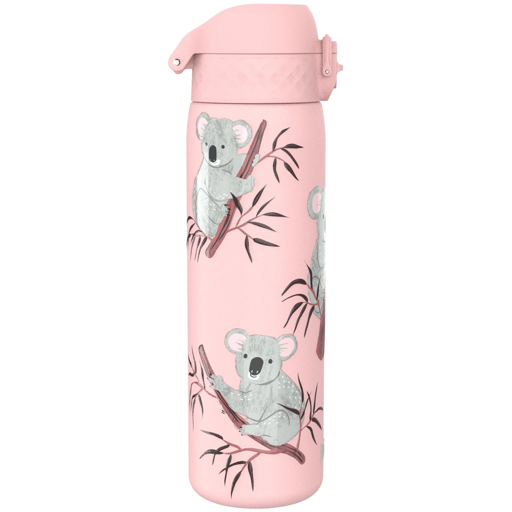 ION8 leak-proof slim stainless steel water bottle with koala design, 600ml capacity, ideal for staying hydrated on the go
