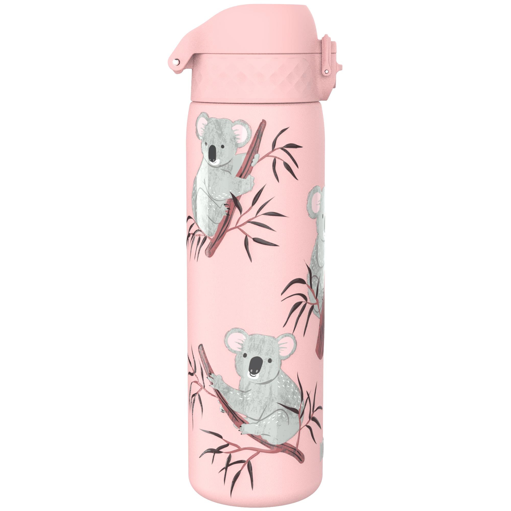 ION8 leak-proof slim stainless steel water bottle with koala design, 600ml capacity, ideal for staying hydrated on the go