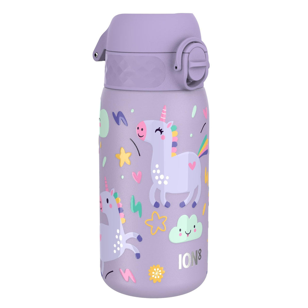 Ion8 leak-proof kids water bottle with stainless steel body, purple unicorn design, 400ml capacity, ideal for children.