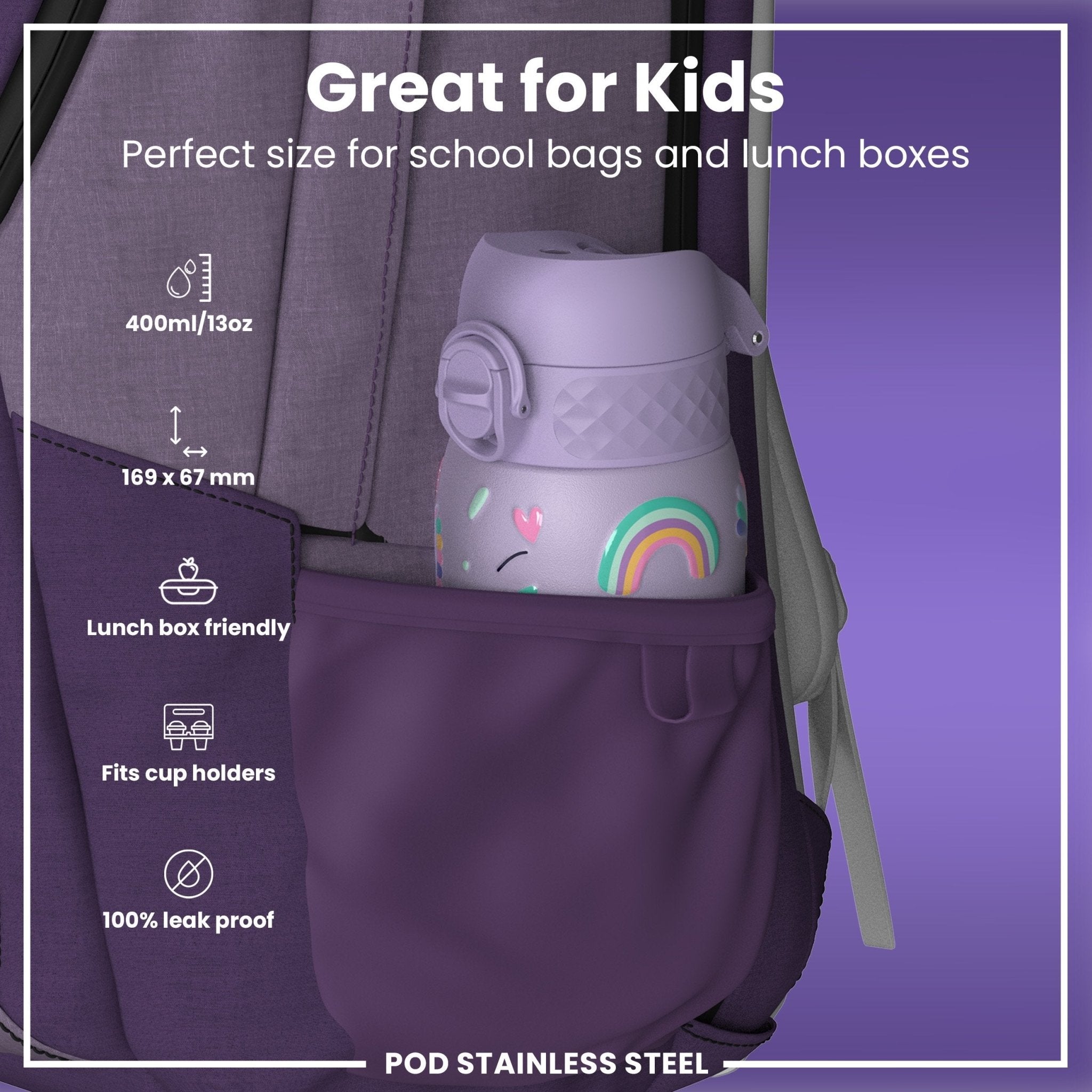 Ion8 leak-proof kids water bottle with purple unicorns, stainless steel, 400ml (13oz), featuring a secure lid and vibrant design.