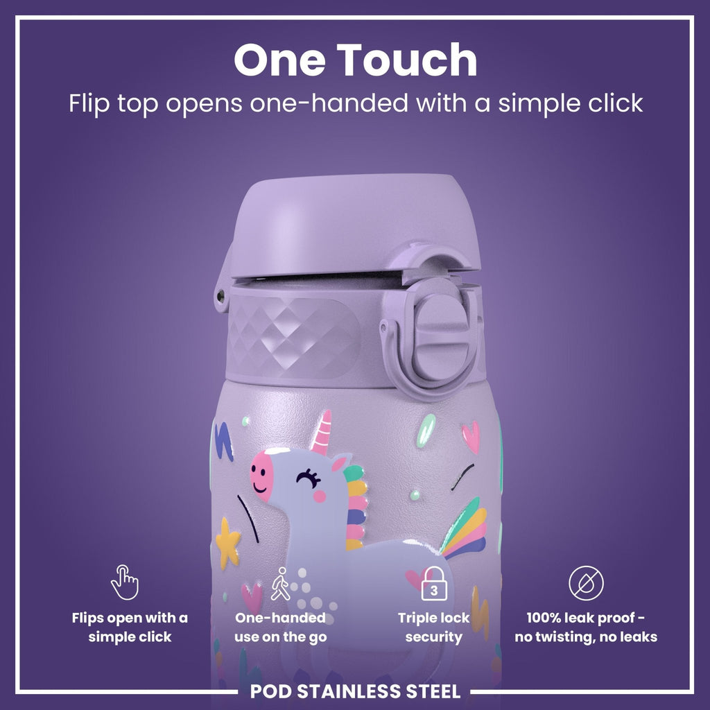 Ion8 leak-proof kids water bottle with purple unicorns, 400ml stainless steel design, durable and easy to carry.