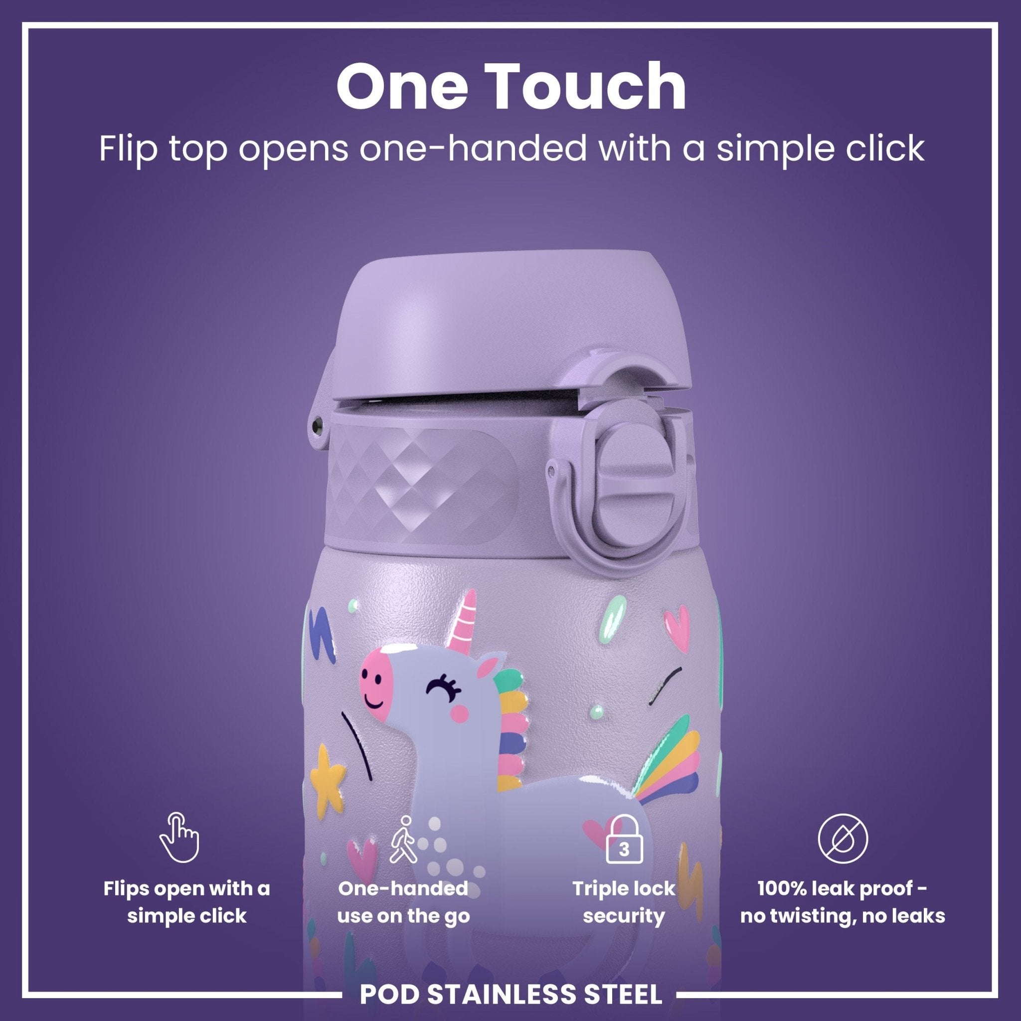 Ion8 leak-proof kids water bottle with purple unicorns, 400ml stainless steel design, durable and easy to carry.