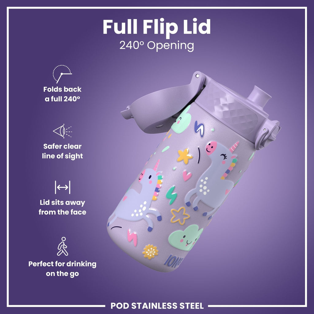 Stainless steel leak-proof kids water bottle with purple unicorn design, 400ml capacity from ION8, ideal for active children.