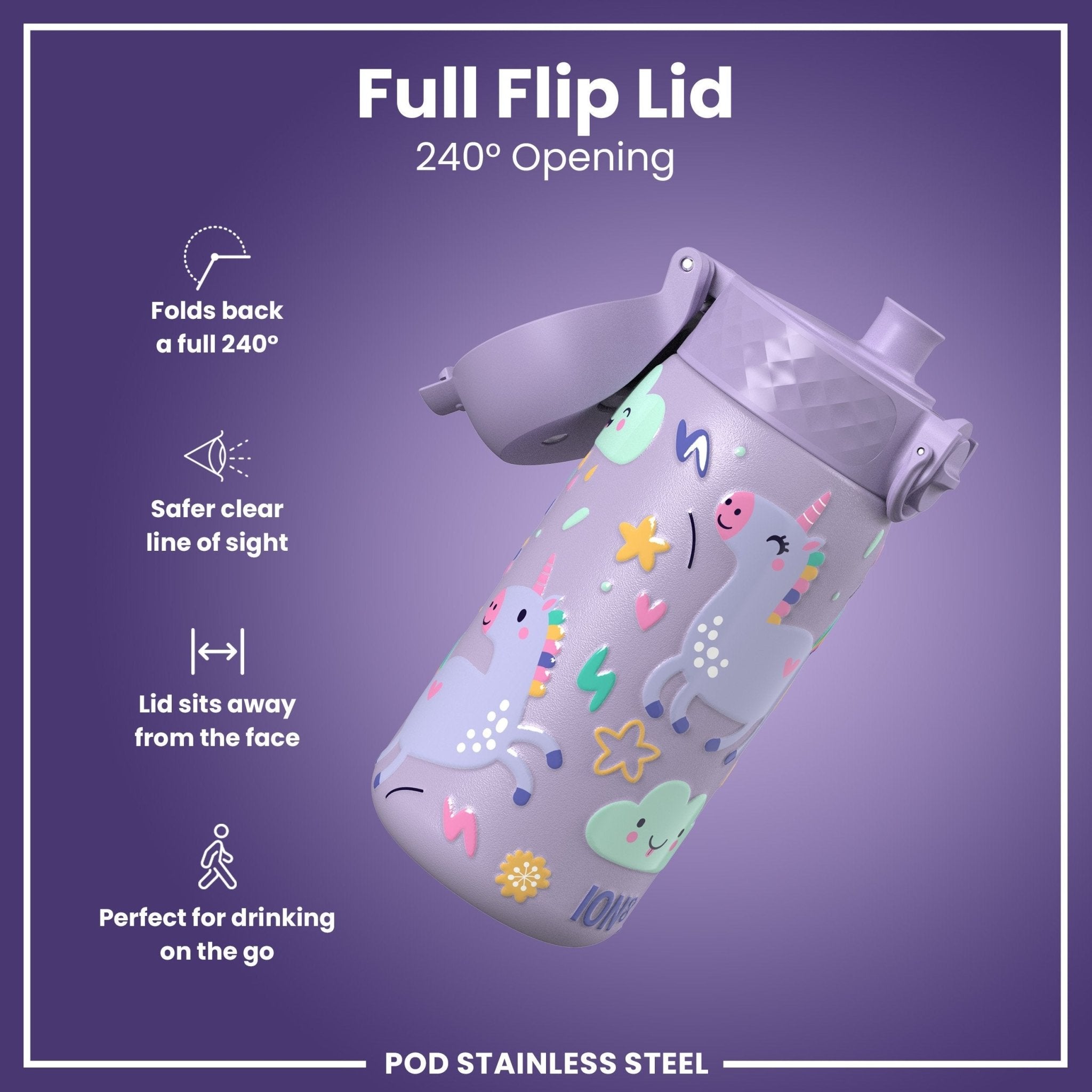 Stainless steel leak-proof kids water bottle with purple unicorn design, 400ml capacity from ION8, ideal for active children.