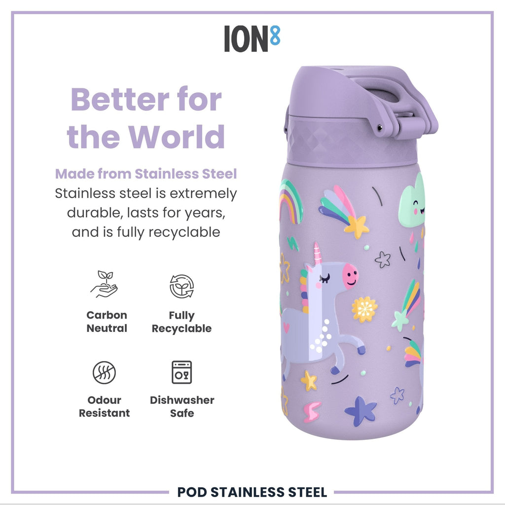 ION8 leak-proof kids water bottle with purple unicorns, stainless steel, 400ml capacity, designed for children.