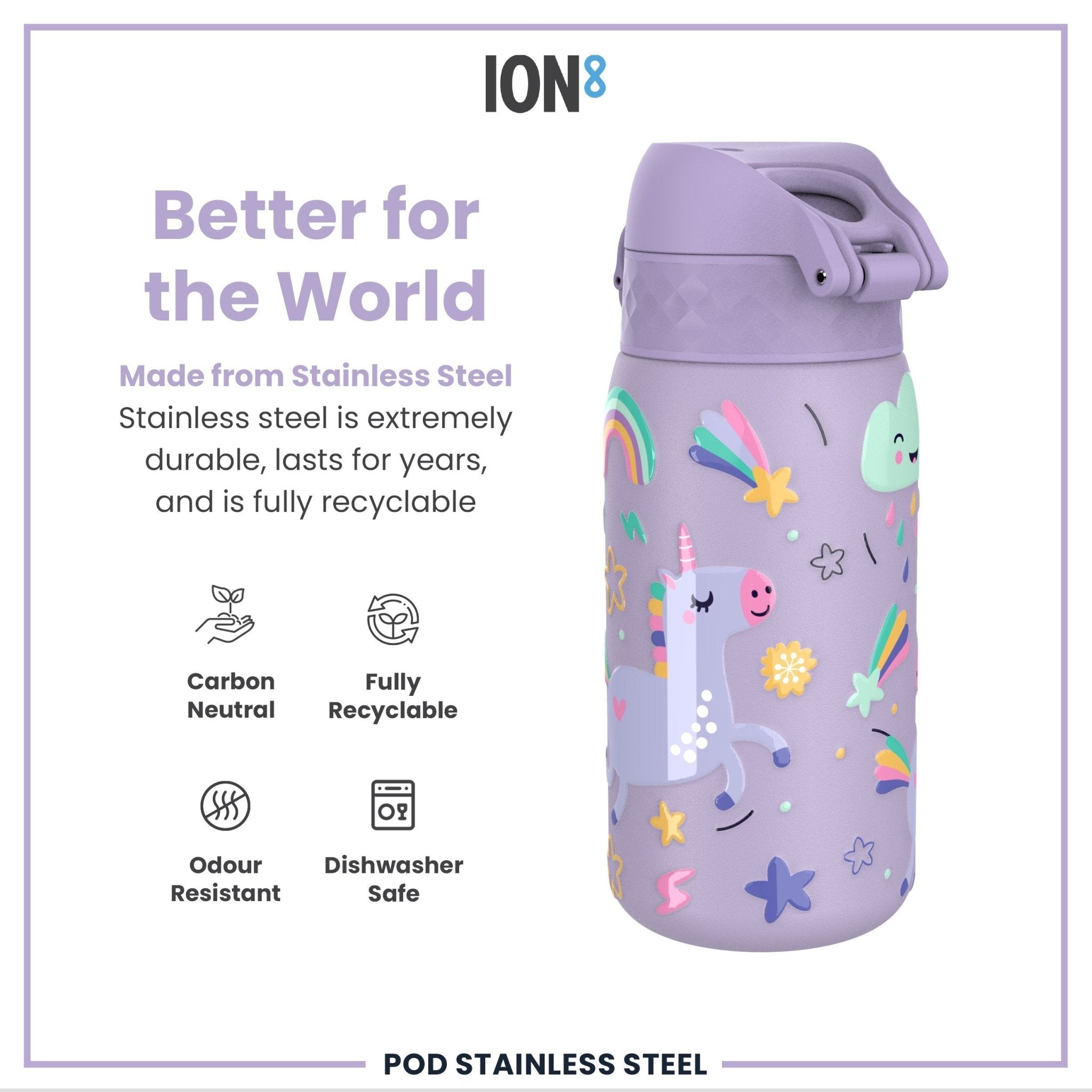 ION8 leak-proof kids water bottle with purple unicorns, stainless steel, 400ml capacity, designed for children.