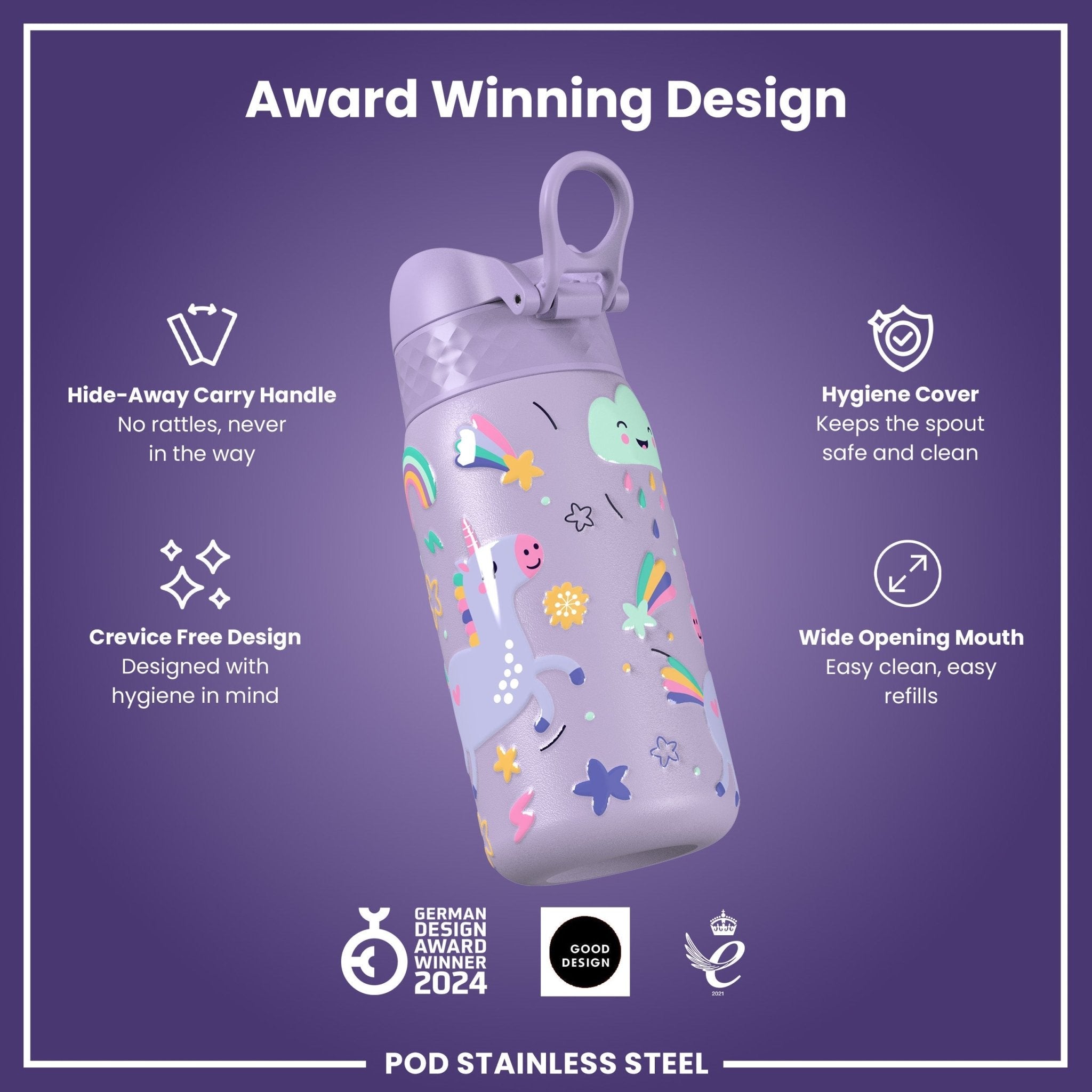 Ion8 stainless steel kids water bottle with purple unicorn design, leak-proof 400ml capacity, perfect for little ones.