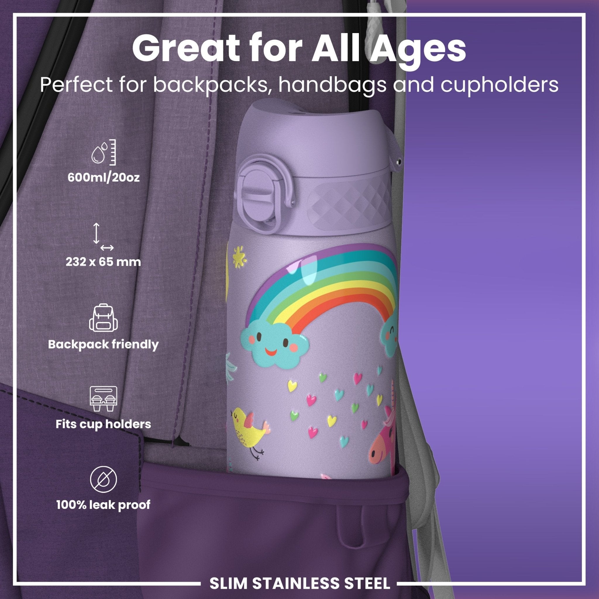 ION8 stainless steel water bottle with purple unicorns design, leak-proof, 600ml (20oz) slim water bottle for on-the-go hydration.