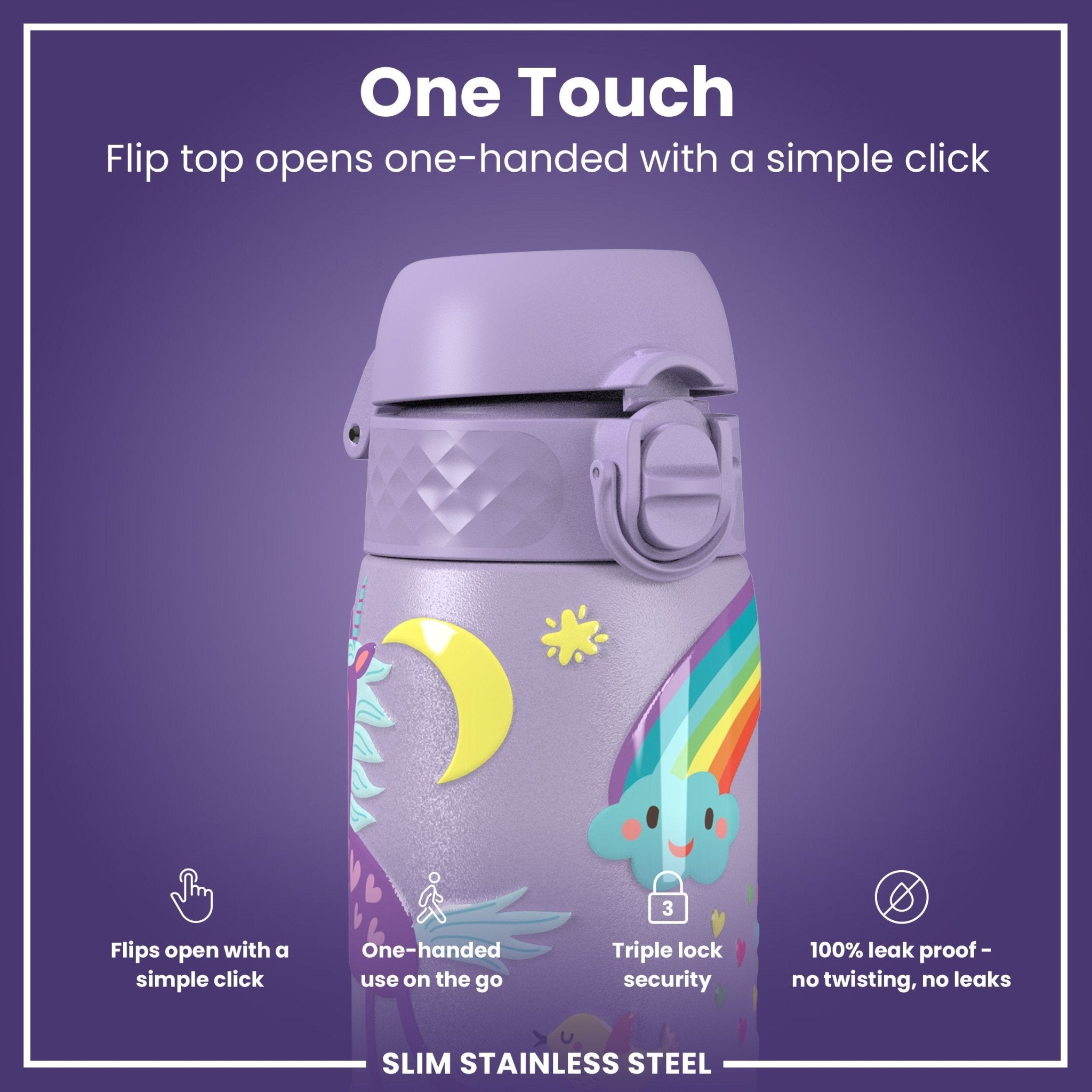 Ion8 leak-proof stainless steel water bottle in purple with unicorns, 600ml (20oz) slim design, perfect for on-the-go hydration.