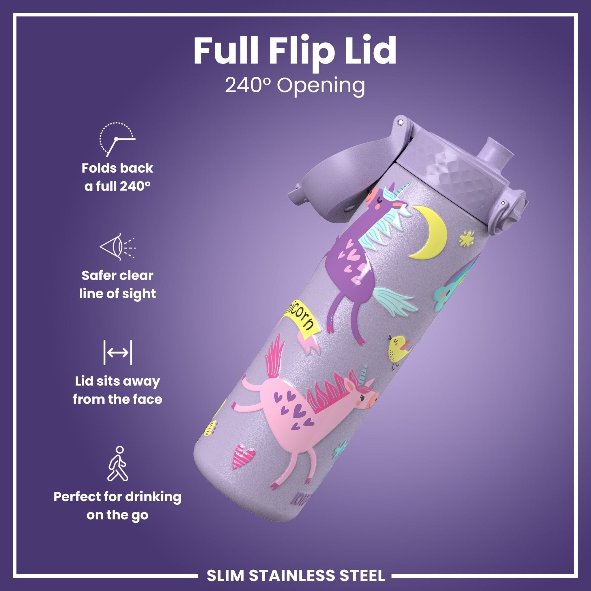 Ion8 leak-proof stainless steel water bottle with purple unicorn design, 600ml capacity, slim and portable.