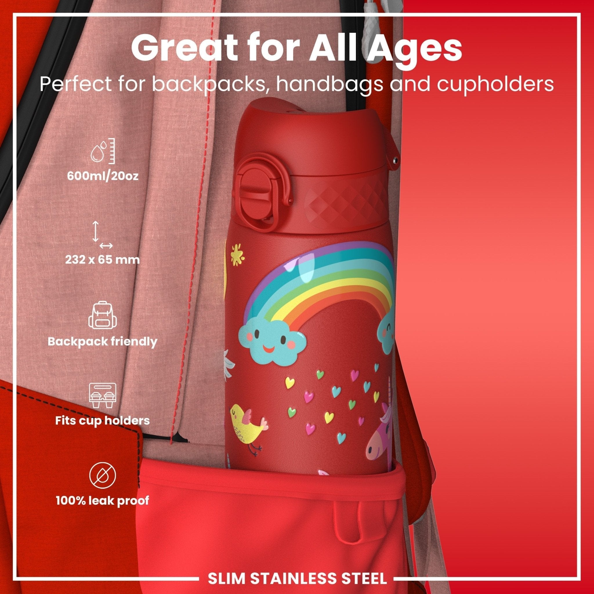 Red unicorns design stainless steel leak-proof water bottle from ION8, 600ml (20oz), with a slim, durable water bottle shape.