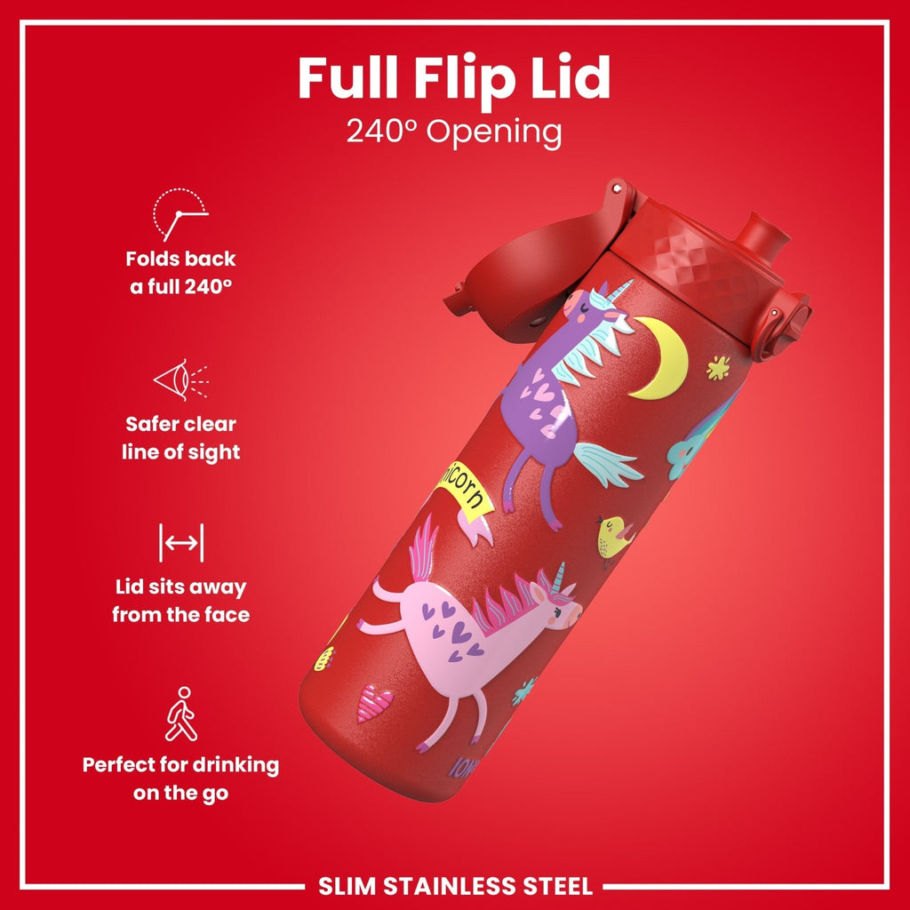 Red unicorns on ION8 stainless steel leak-proof slim water bottle, 600ml (20oz), durable and portable hydration bottle.