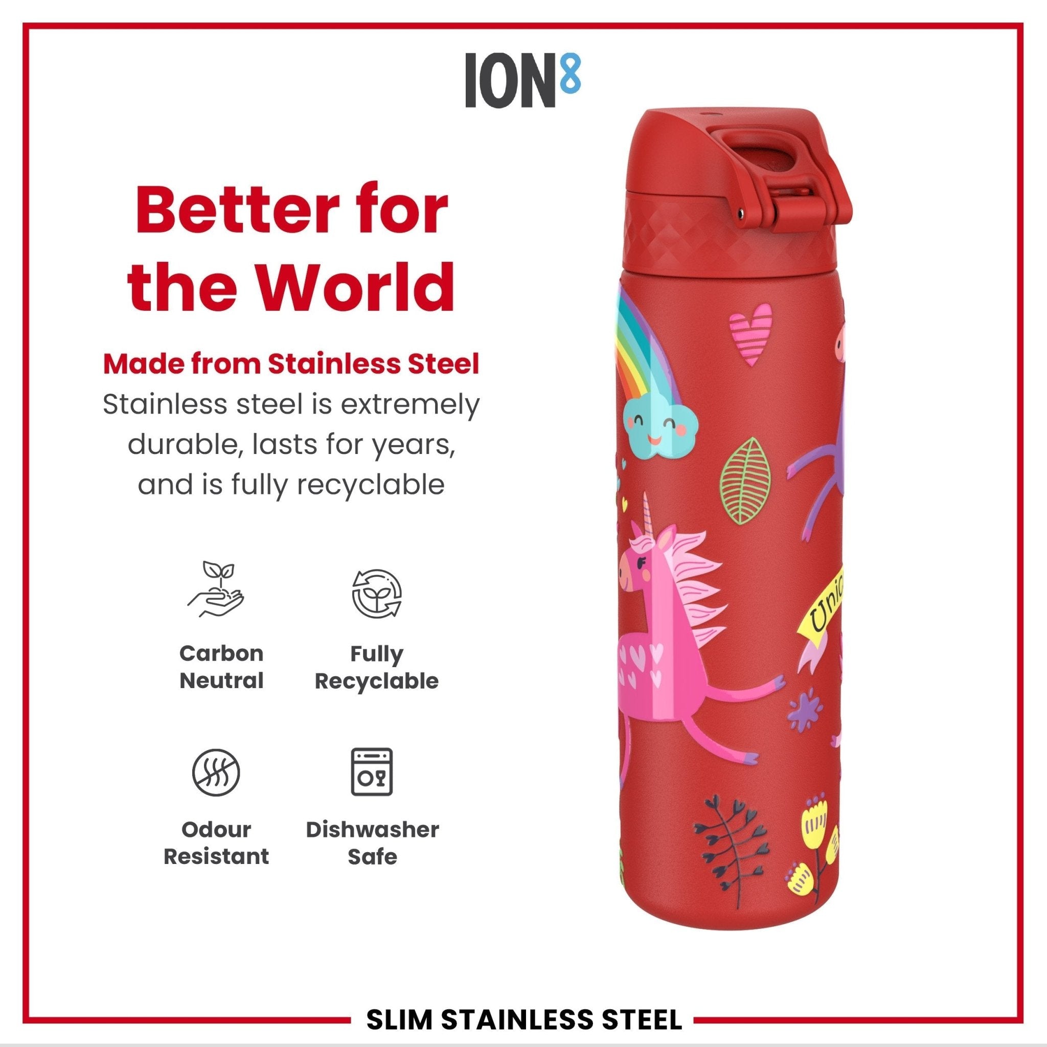 Red unicorns design on ION8 stainless steel leak-proof slim water bottle, 600ml (20oz) with a sleek, durable look