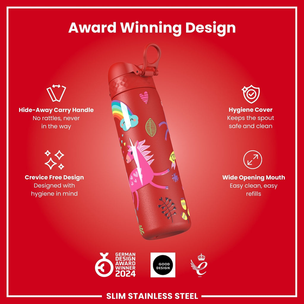 Red unicorns design stainless steel leak-proof water bottle by ION8, 600ml (20oz), slim and durable for everyday hydration.