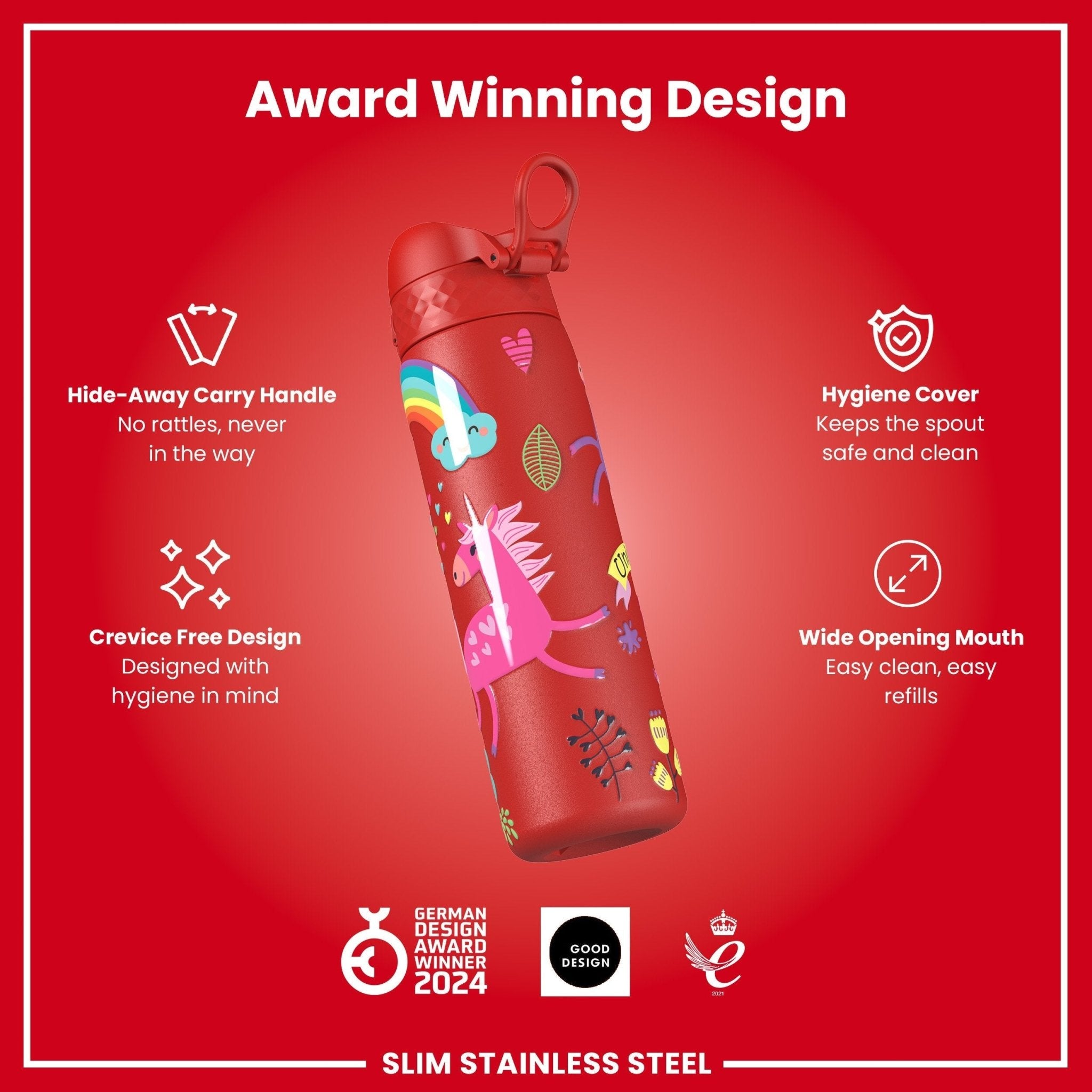 Red unicorns design stainless steel leak-proof water bottle by ION8, 600ml (20oz), slim and durable for everyday hydration.