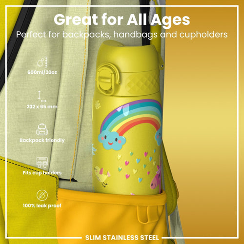 Yellow unicorns on a 600ml stainless steel leak-proof water bottle from ION8, perfect for staying hydrated on the go.