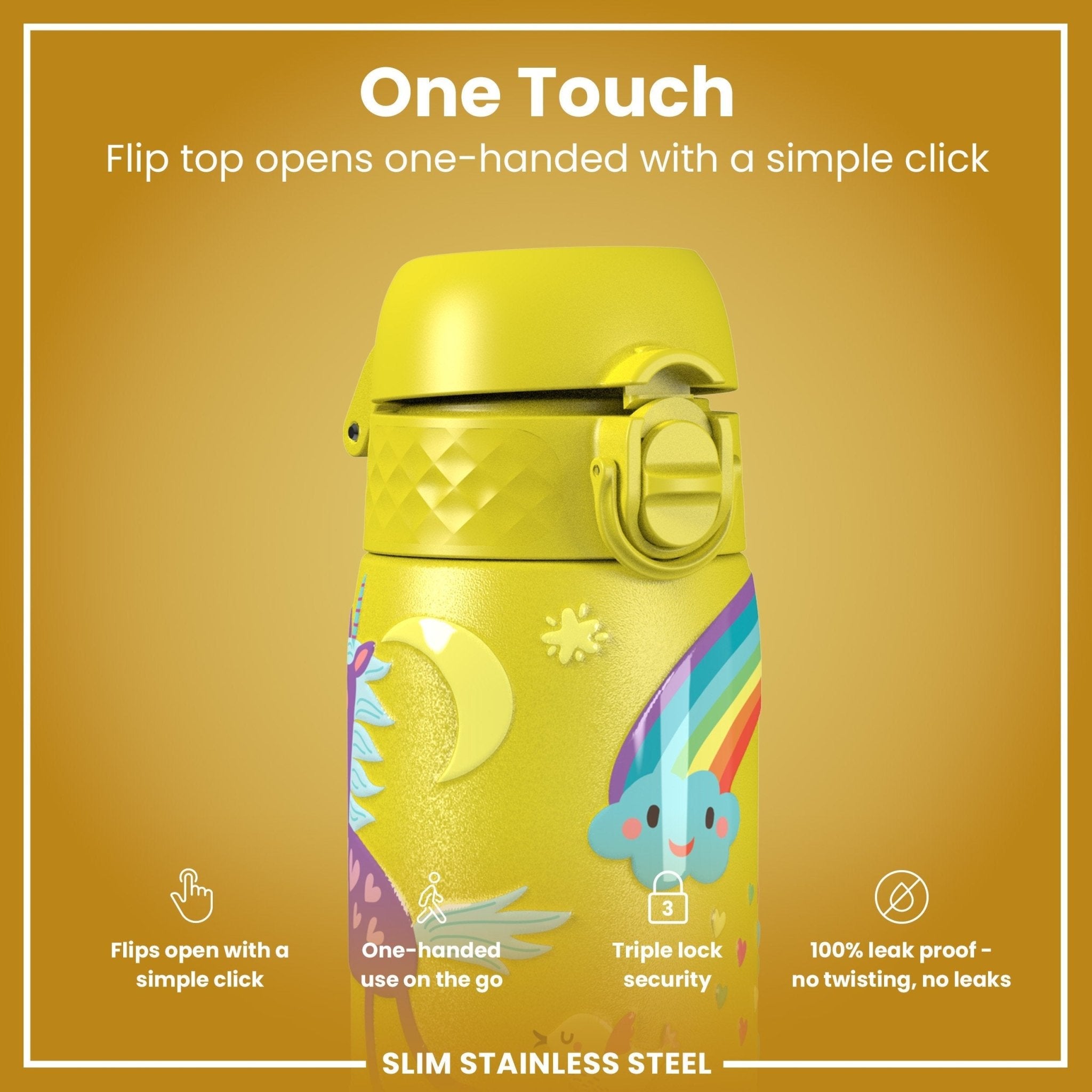 Yellow unicorns on ION8 stainless steel leak-proof slim water bottle, 600ml (20oz) capacity, ideal for staying hydrated on the go.
