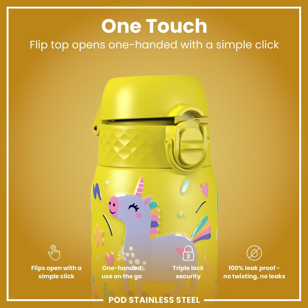 Yellow unicorns stainless steel kids water bottle by ION8, leak-proof 400ml (13oz) steel water bottle with colorful unicorn design.
