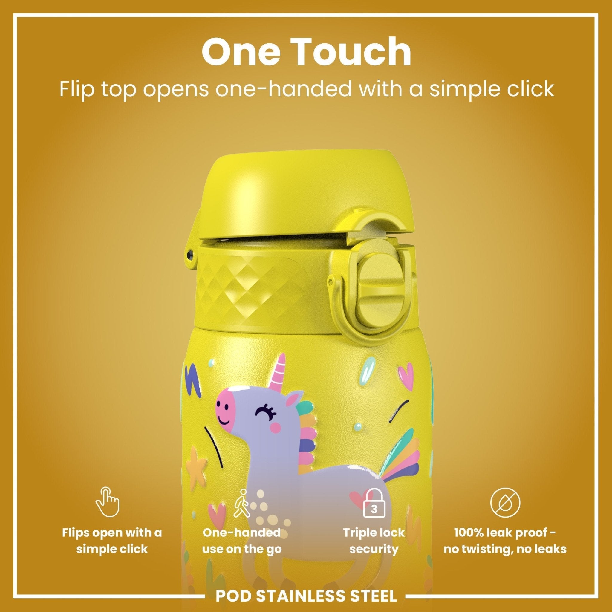 Yellow unicorns stainless steel kids water bottle by ION8, leak-proof 400ml (13oz) steel water bottle with colorful unicorn design.