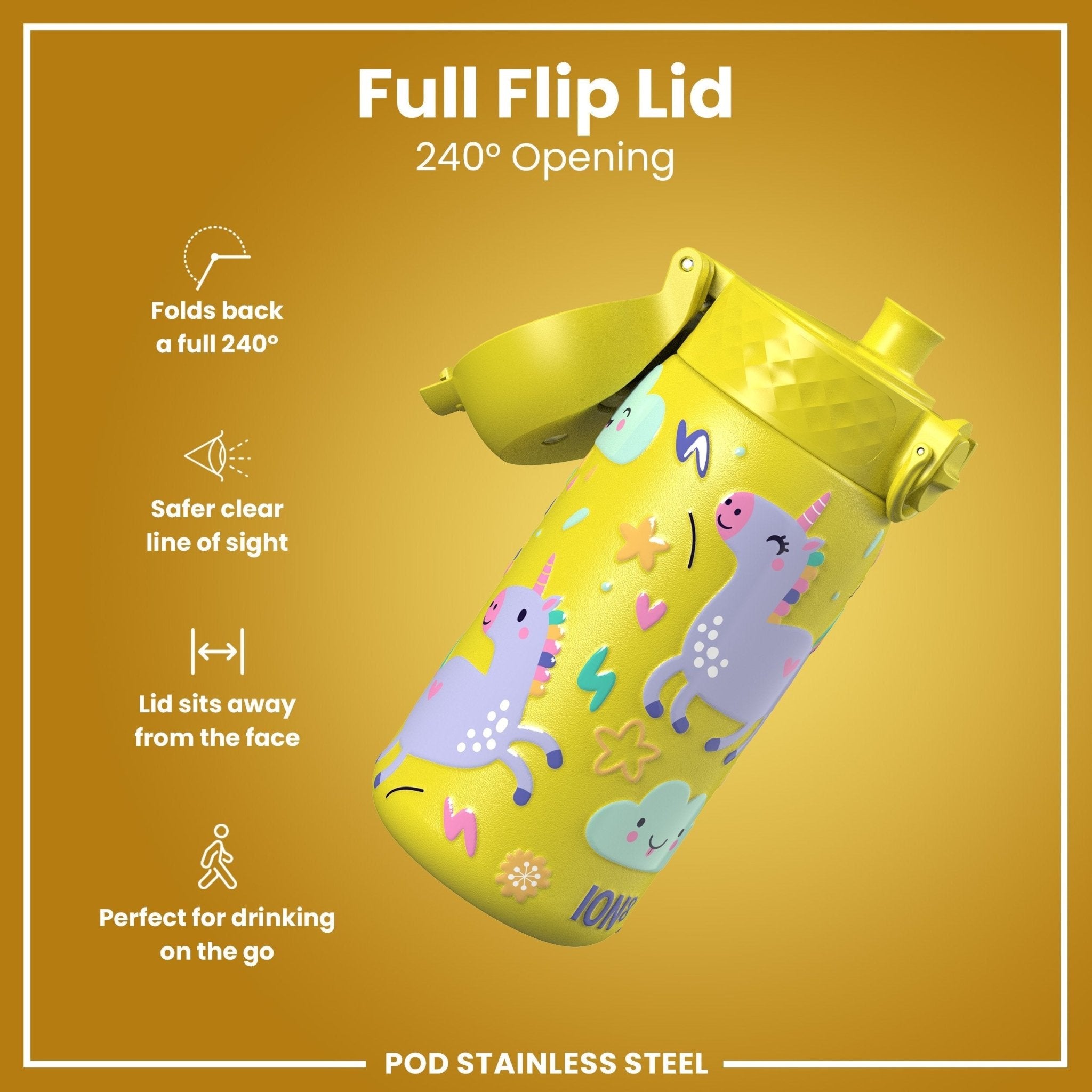 Ion8 leak-proof kids stainless steel water bottle with yellow unicorn design, 400ml capacity, durable and spill-resistant.
