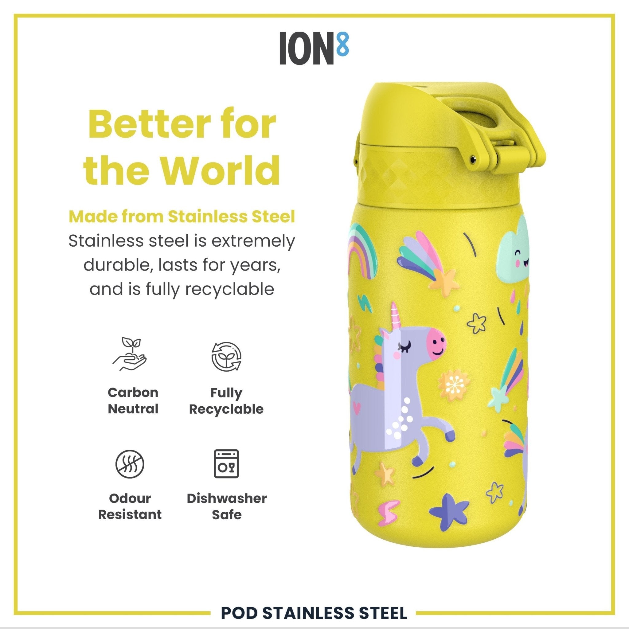 Ion8 leak-proof kids water bottle with stainless steel body, yellow unicorn design, 400ml capacity, ideal for children.