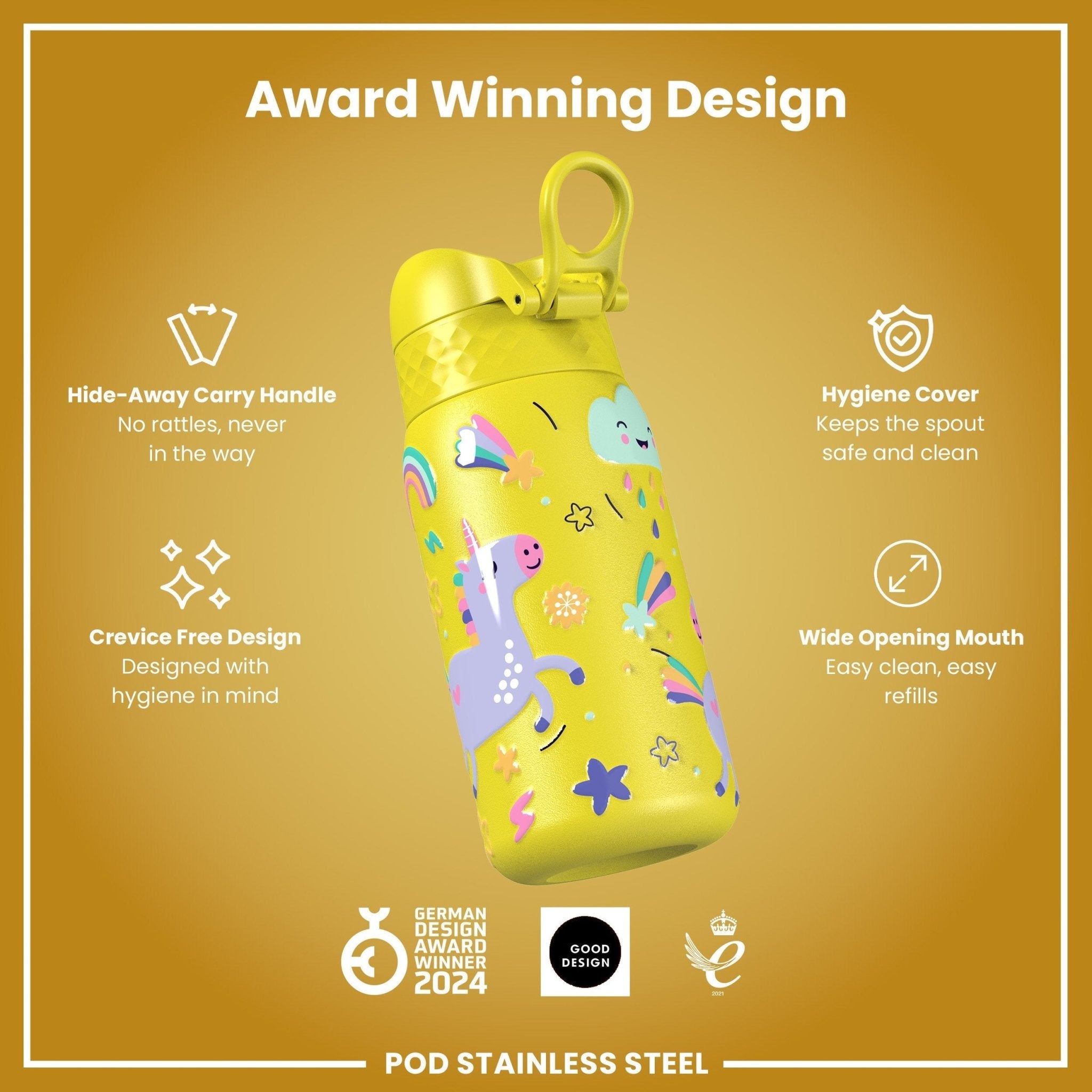 Stainless steel leak-proof kids water bottle with yellow unicorn design, 400ml capacity, by ION8.