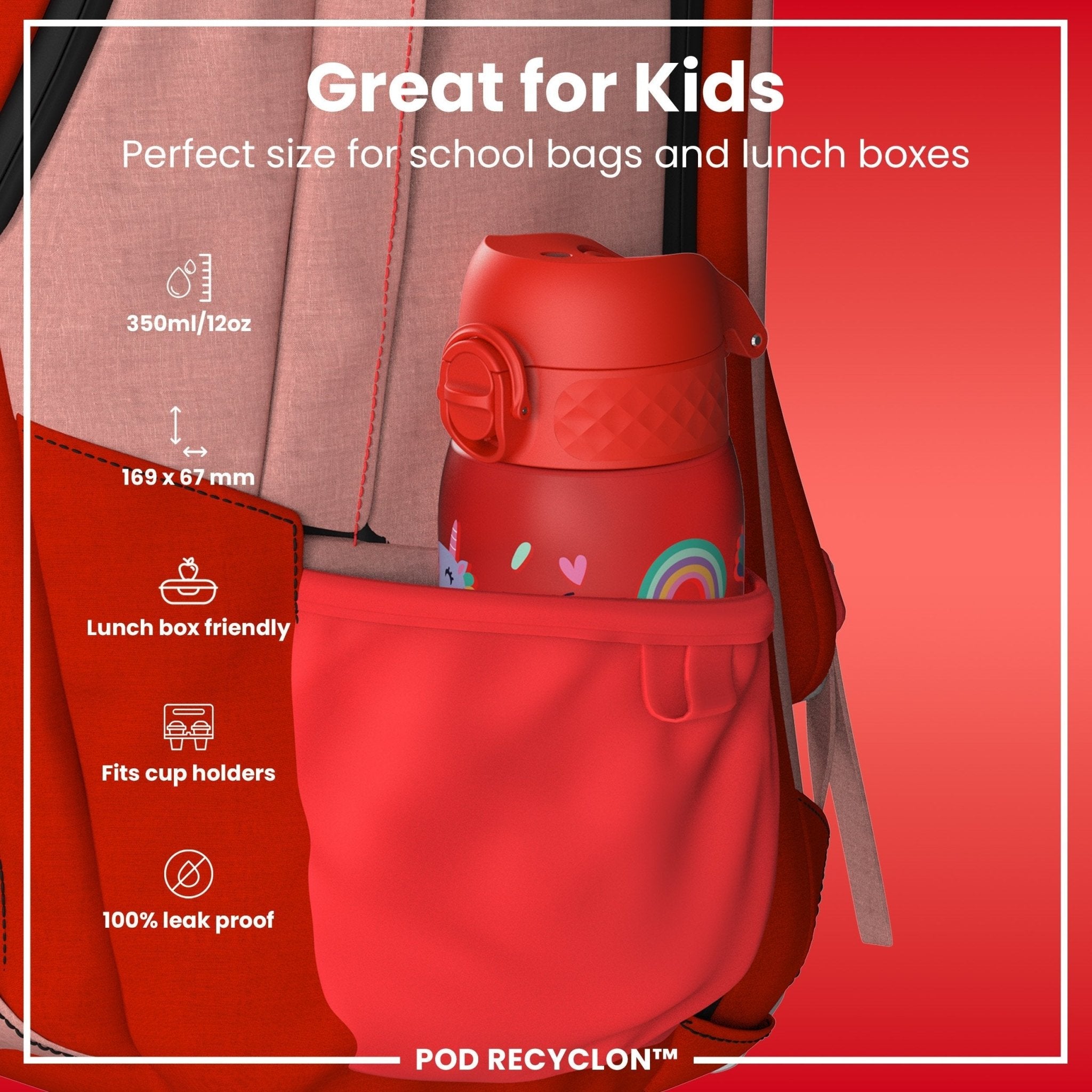 Red unicorns design on ION8 Recyclon leak-proof kids water bottle, 350ml (12oz) with a secure lid and vibrant print.