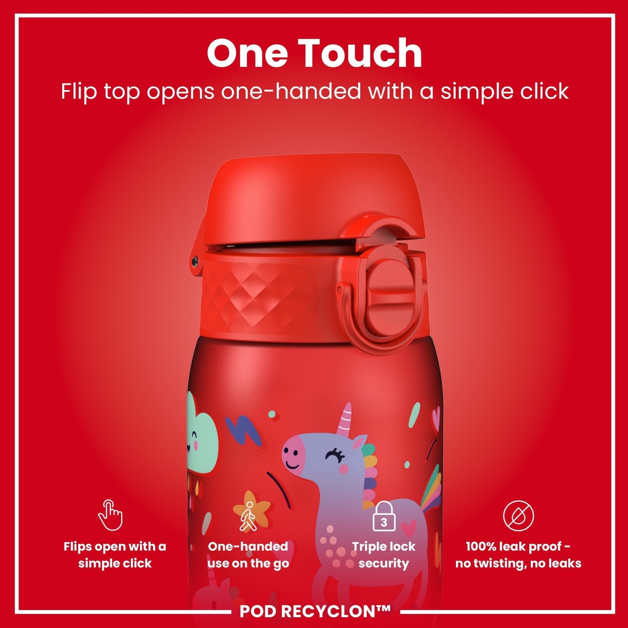 Red unicorns leak-proof kids water bottle by ION8, Recyclon brand, 350ml capacity, featuring colorful unicorn design.