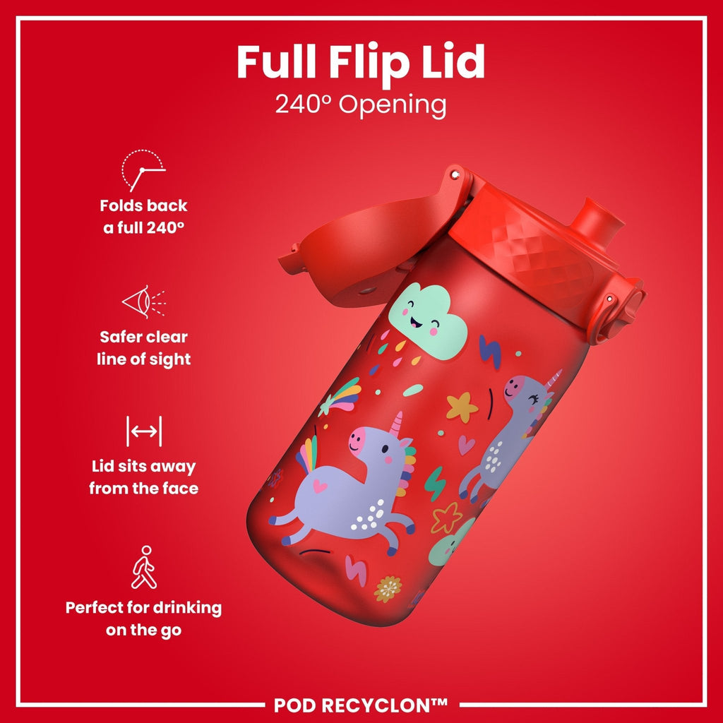 Red unicorns leak-proof kids water bottle by ION8, 350ml Recyclon water bottle with colorful unicorn design.
