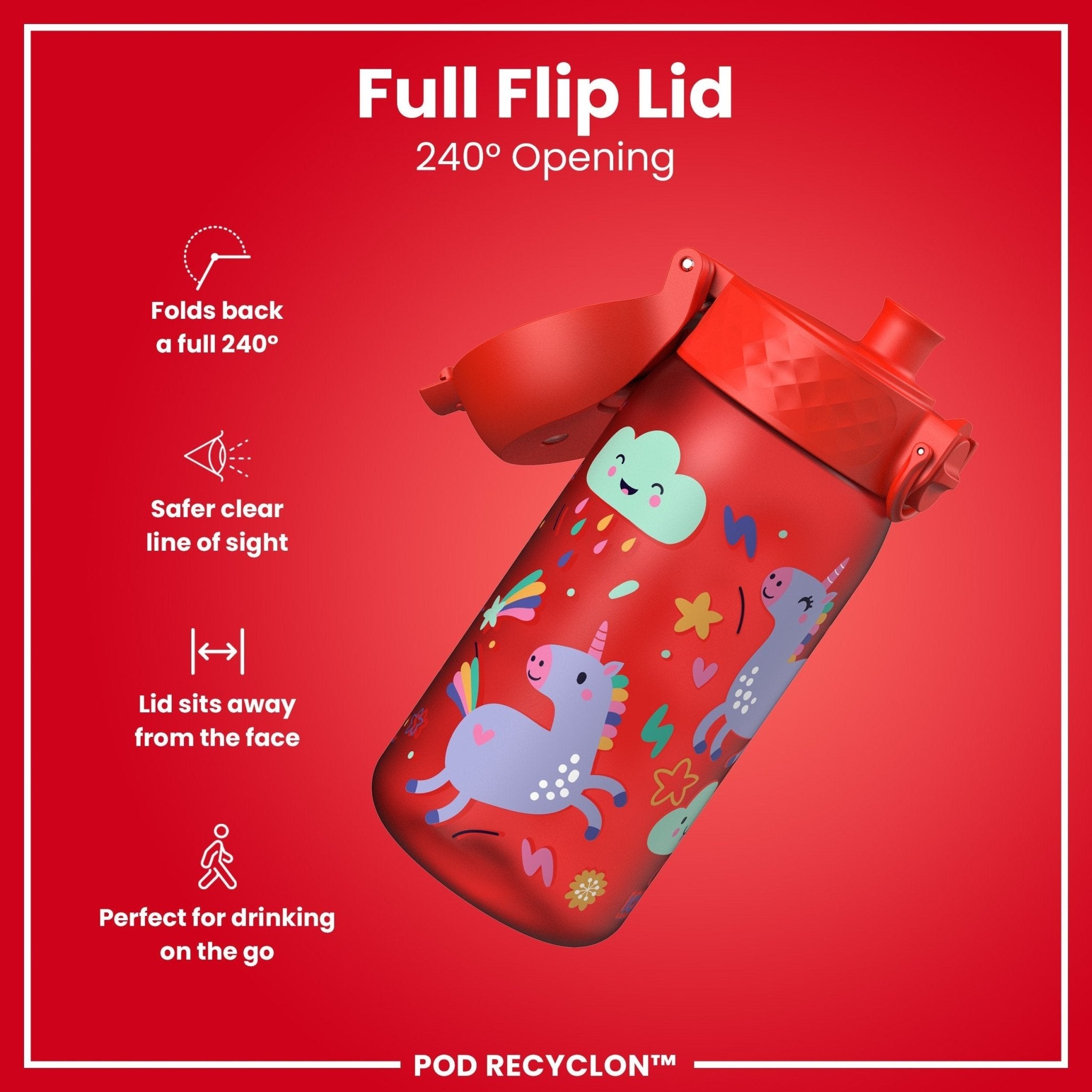 Red unicorns leak-proof kids water bottle by ION8, 350ml Recyclon water bottle with colorful unicorn design.