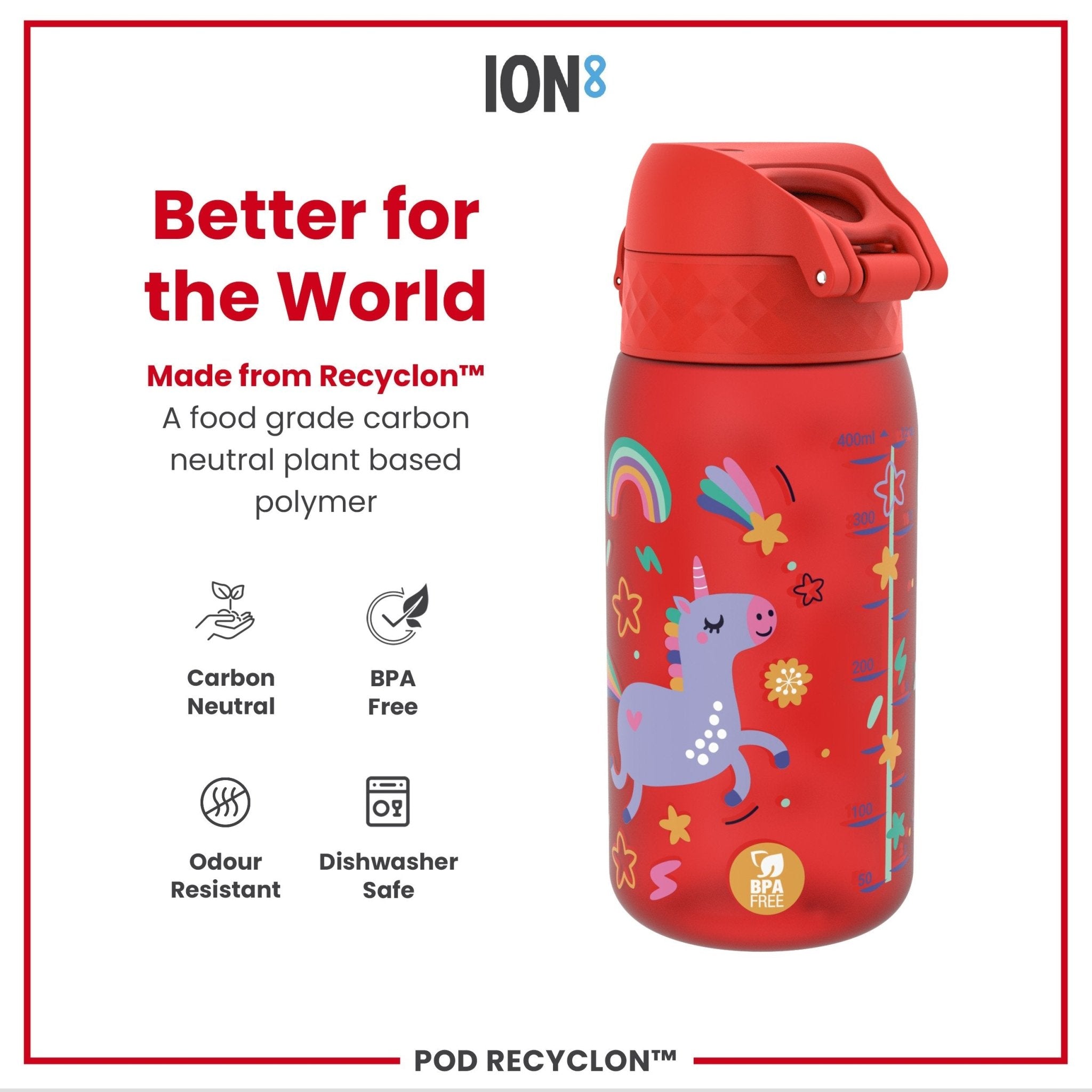 ION8 Recyclon Kids Water Bottle with leak-proof design, red unicorns, 350ml capacity, made for children.