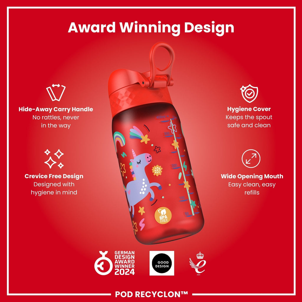 Recyclon leak-proof kids water bottle by ION8 with red unicorn design, 350ml capacity, made of durable plastic.