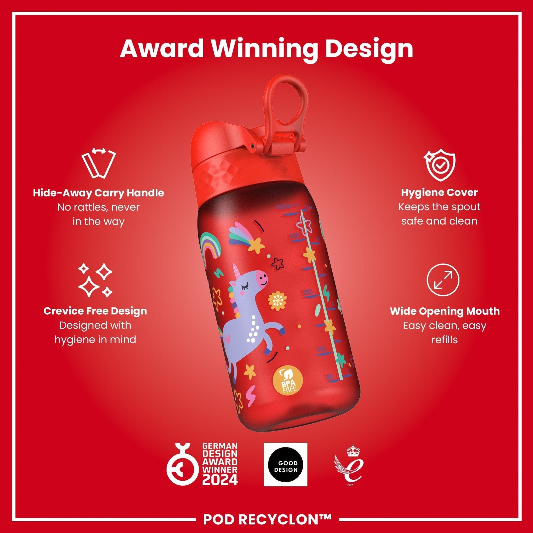 Recyclon leak-proof kids water bottle by ION8 with red unicorn design, 350ml capacity, made of durable plastic.