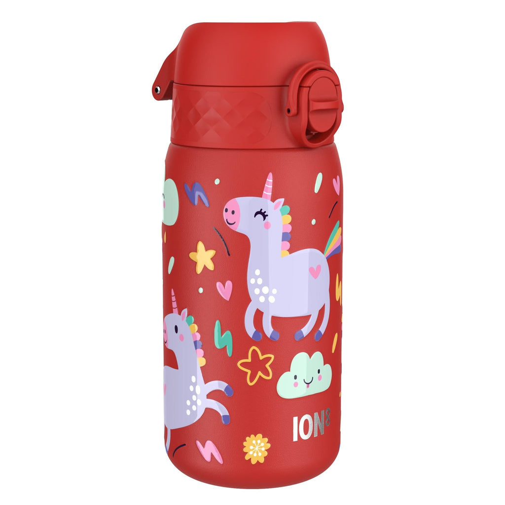ION8 stainless steel kids water bottle with red unicorn design, leak-proof 400ml (13oz) steel water bottle for children