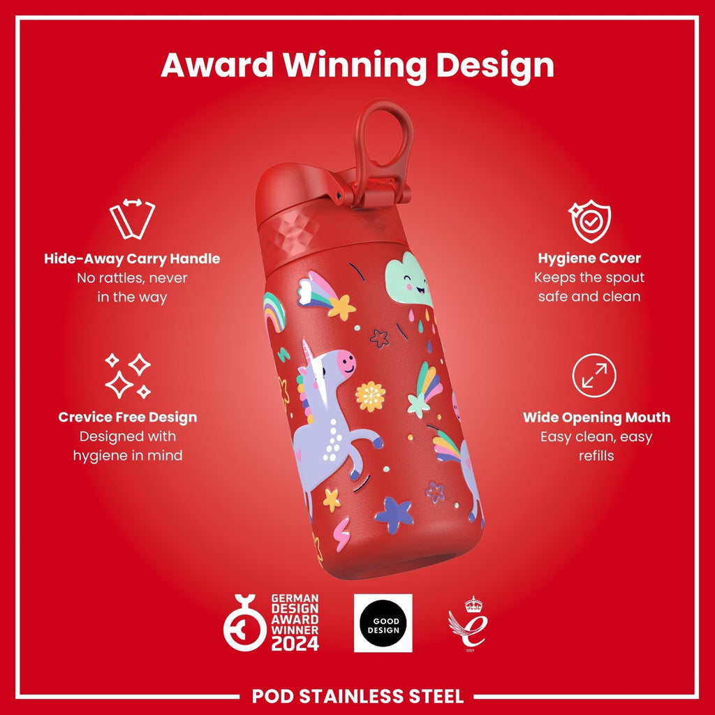 Red unicorns stainless steel kids water bottle by ION8, leak-proof 400ml (13oz) steel water bottle for children.