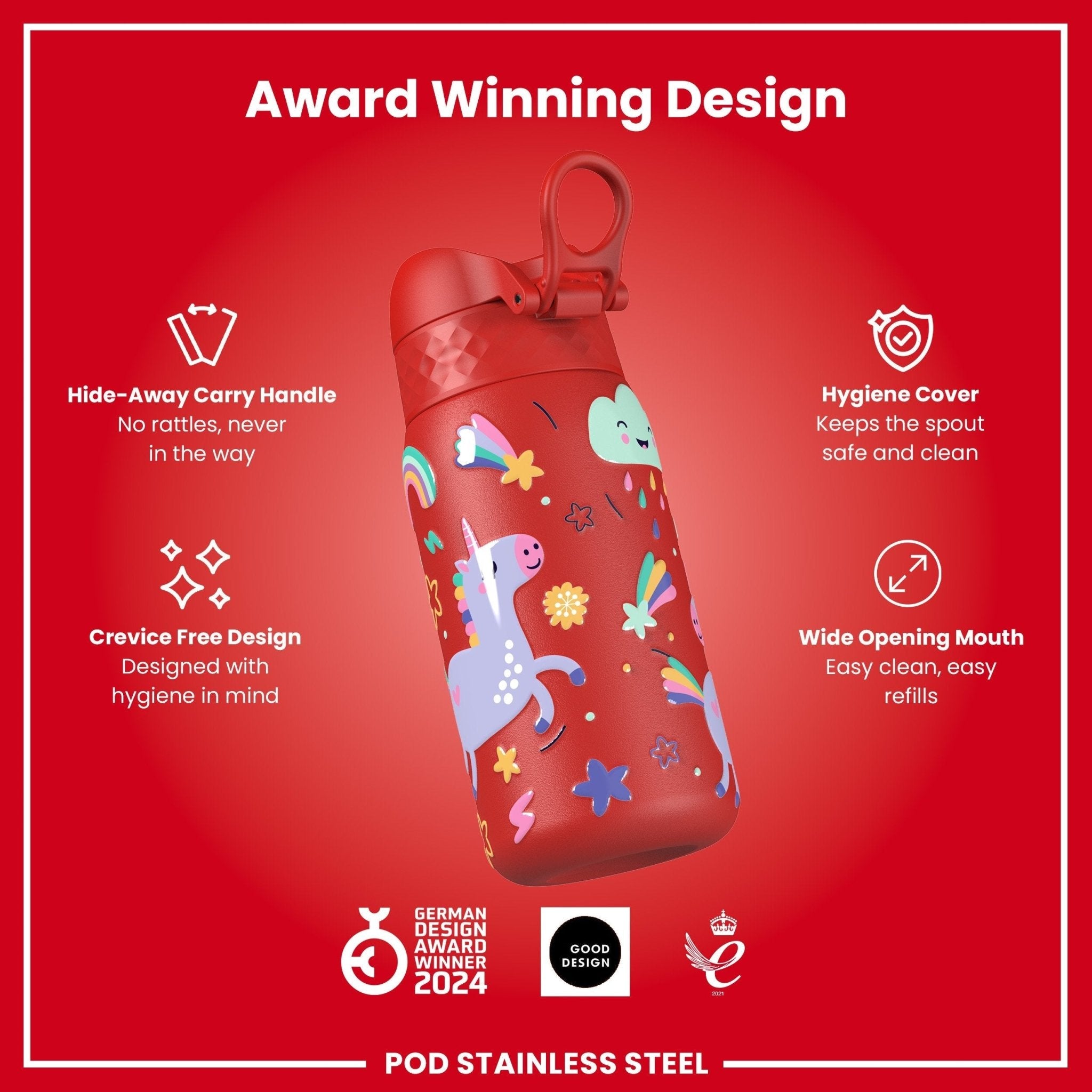Red unicorns stainless steel kids water bottle by ION8, leak-proof 400ml (13oz) steel water bottle for children.