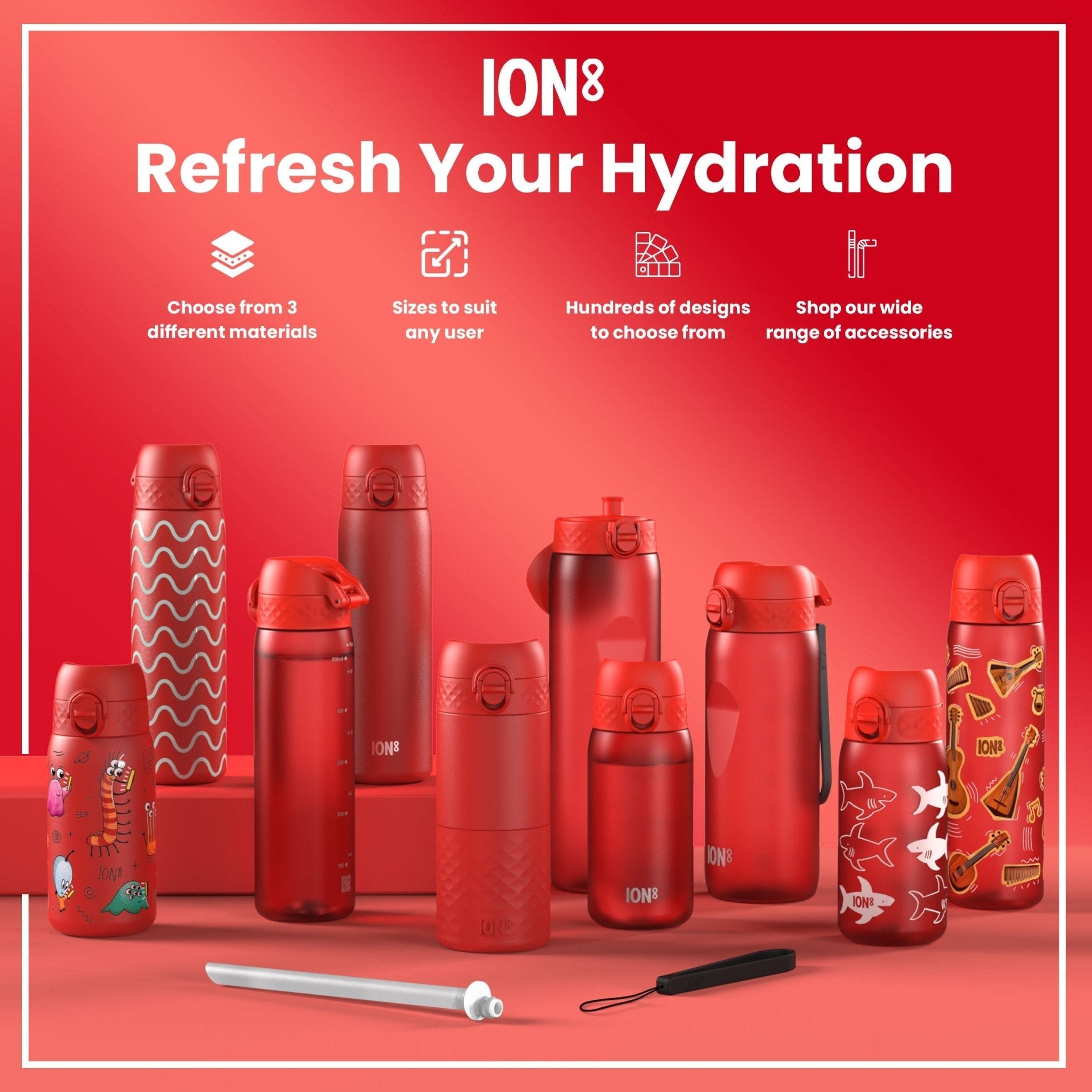Red unicorns-themed ION8 stainless steel leak-proof kids water bottle, 400ml capacity, durable and portable for children