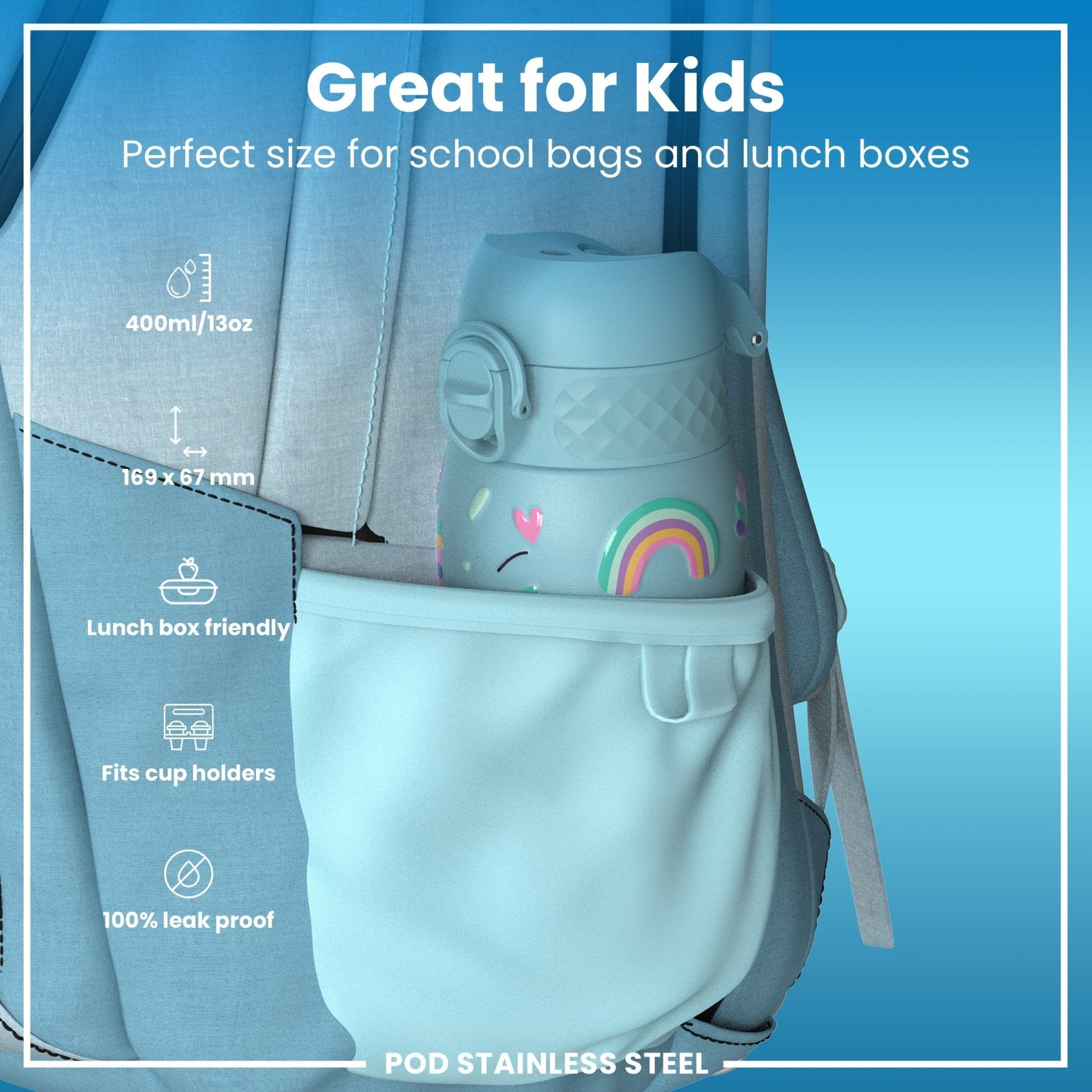 Blue unicorns stainless steel leak-proof kids water bottle from ION8, 400ml capacity, durable and suitable for children.
