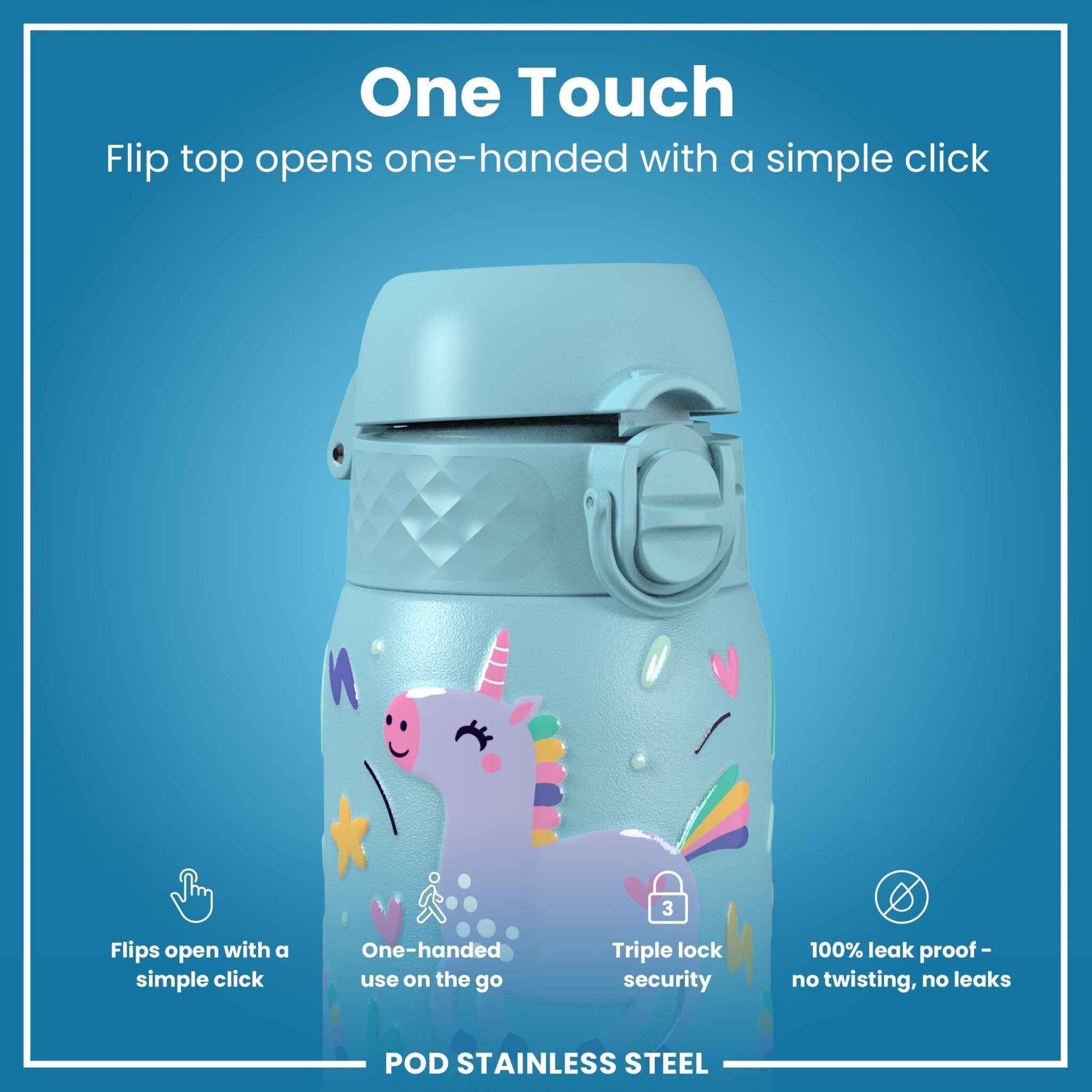Blue unicorns stainless steel leak-proof kids water bottle by ION8, 400ml capacity, durable and safe for children.