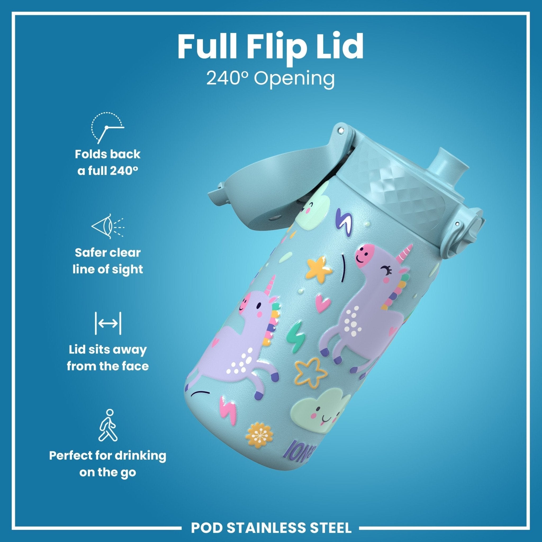 Stainless steel leak-proof kids water bottle with blue unicorn design, 400ml capacity by ION8, ideal for children.
