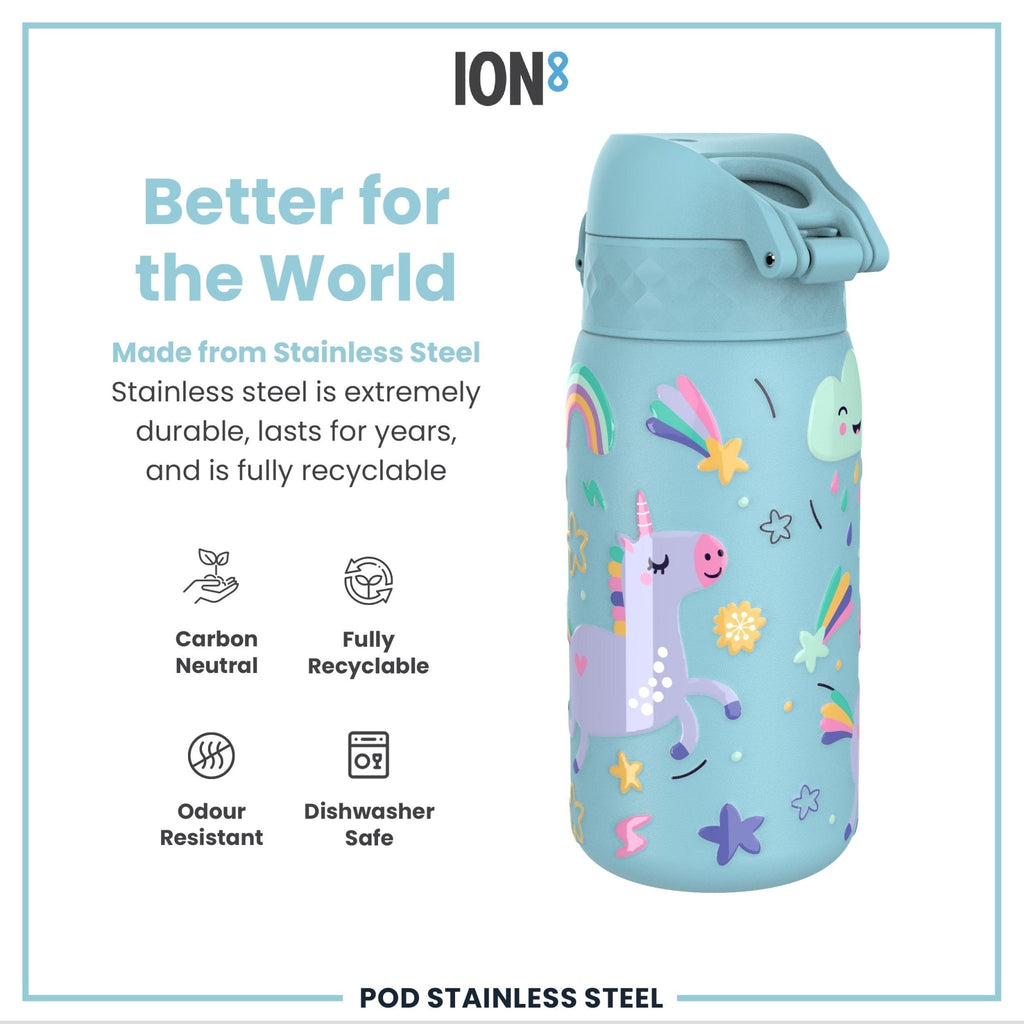 ION8 stainless steel kids water bottle with blue unicorns, leak-proof design, 400ml capacity, ideal for children.