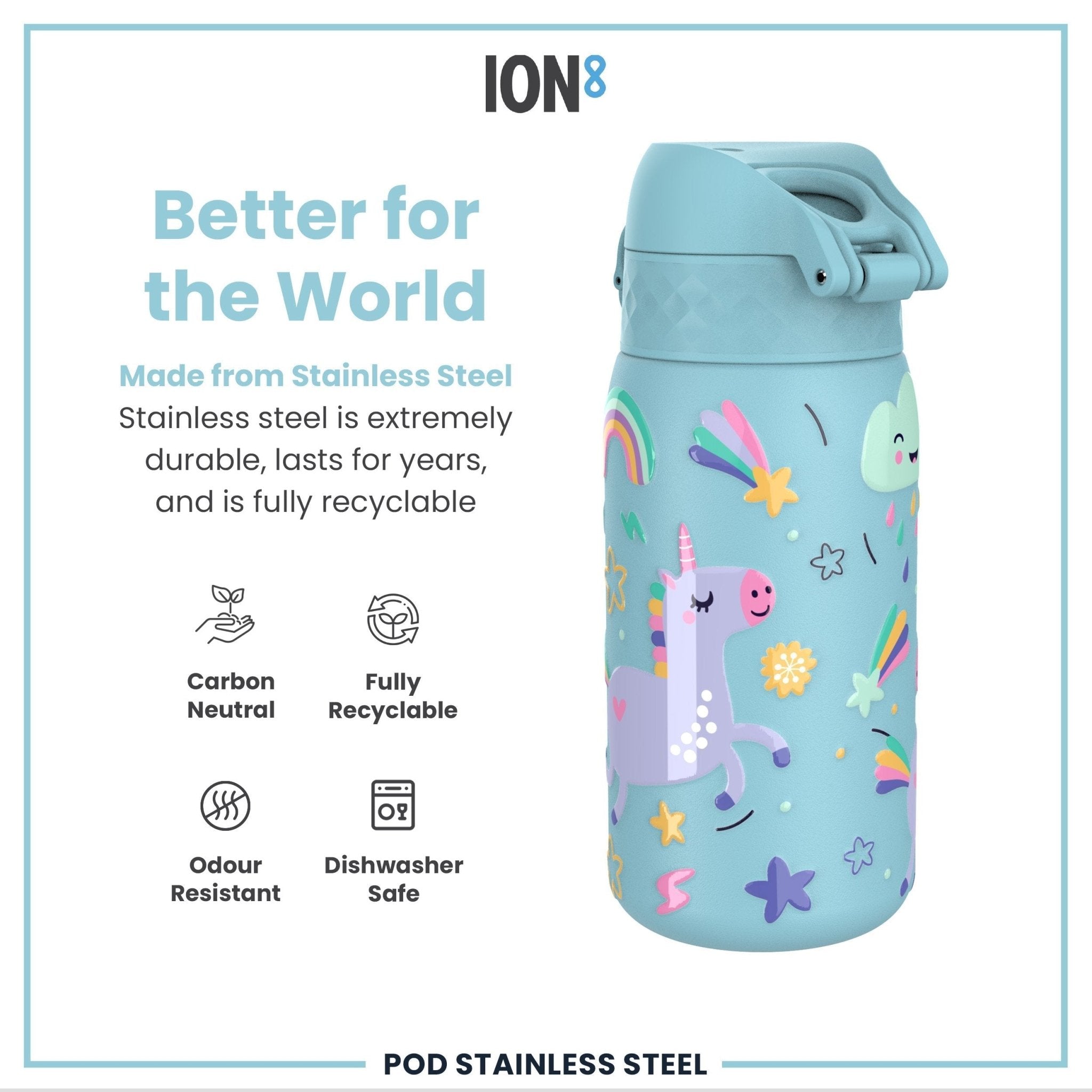 ION8 stainless steel kids water bottle with blue unicorns, leak-proof design, 400ml capacity, ideal for children.
