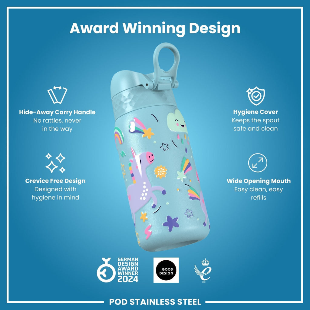 Blue stainless steel leak-proof kids water bottle with unicorn design, 400ml capacity from ION8.