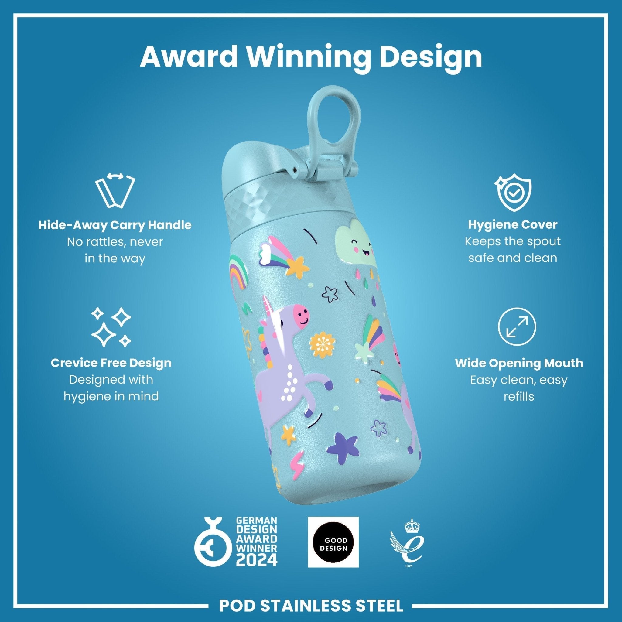 Blue stainless steel leak-proof kids water bottle with unicorn design, 400ml capacity from ION8.