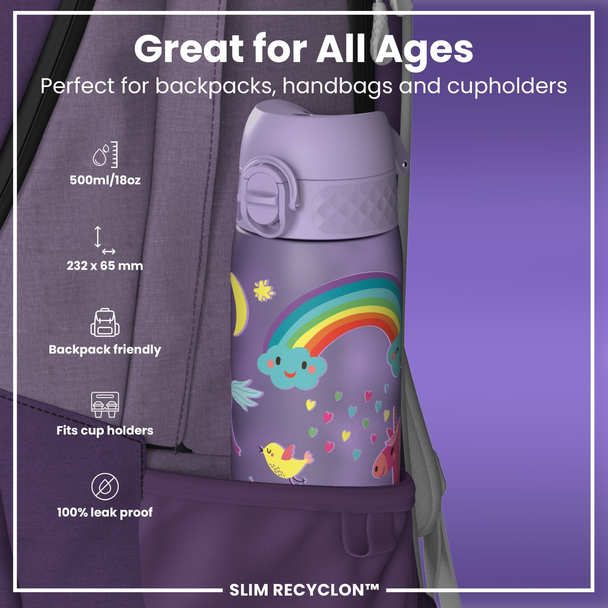 Ion8 leak-proof slim water bottle with purple unicorns design, 500ml (18oz), made of recycled materials.