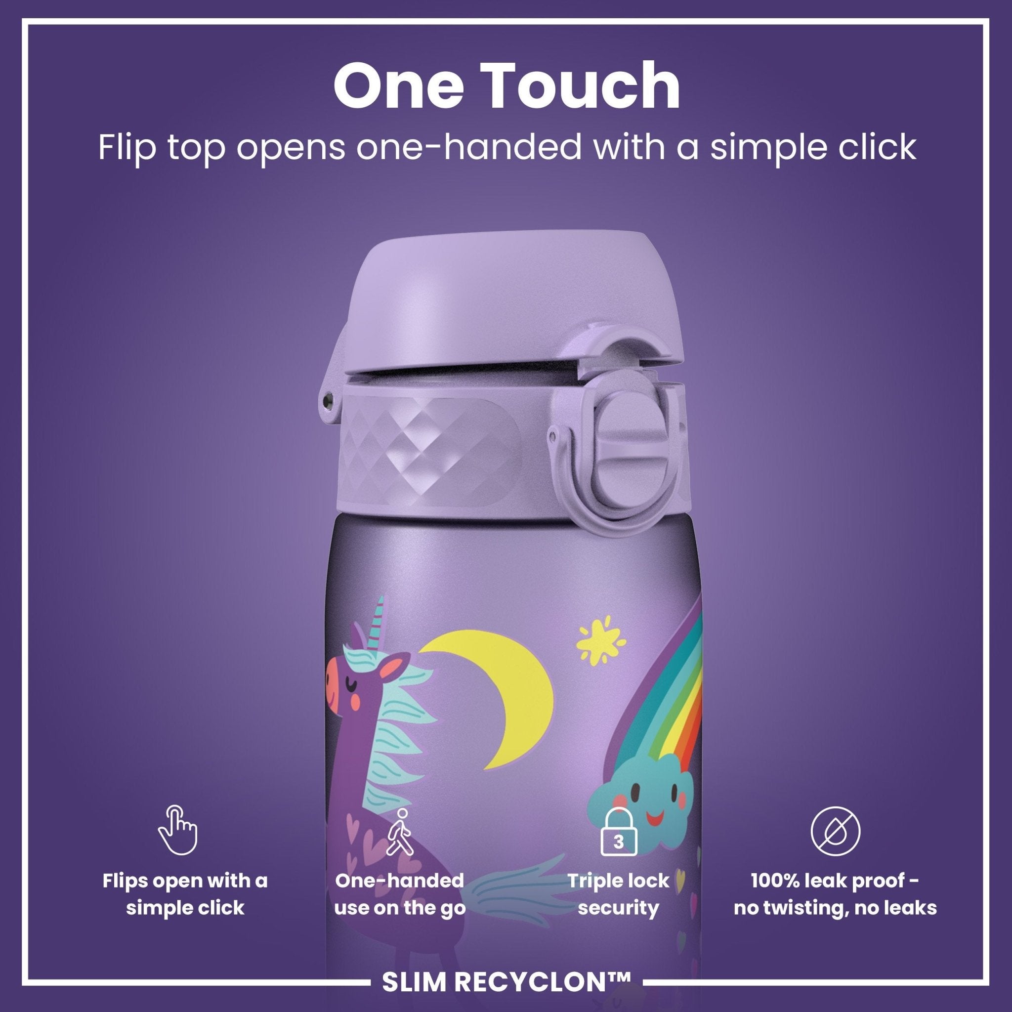 Recyclon leak-proof slim water bottle by ION8, 500ml purple unicorn design, made for easy hydration on the go.